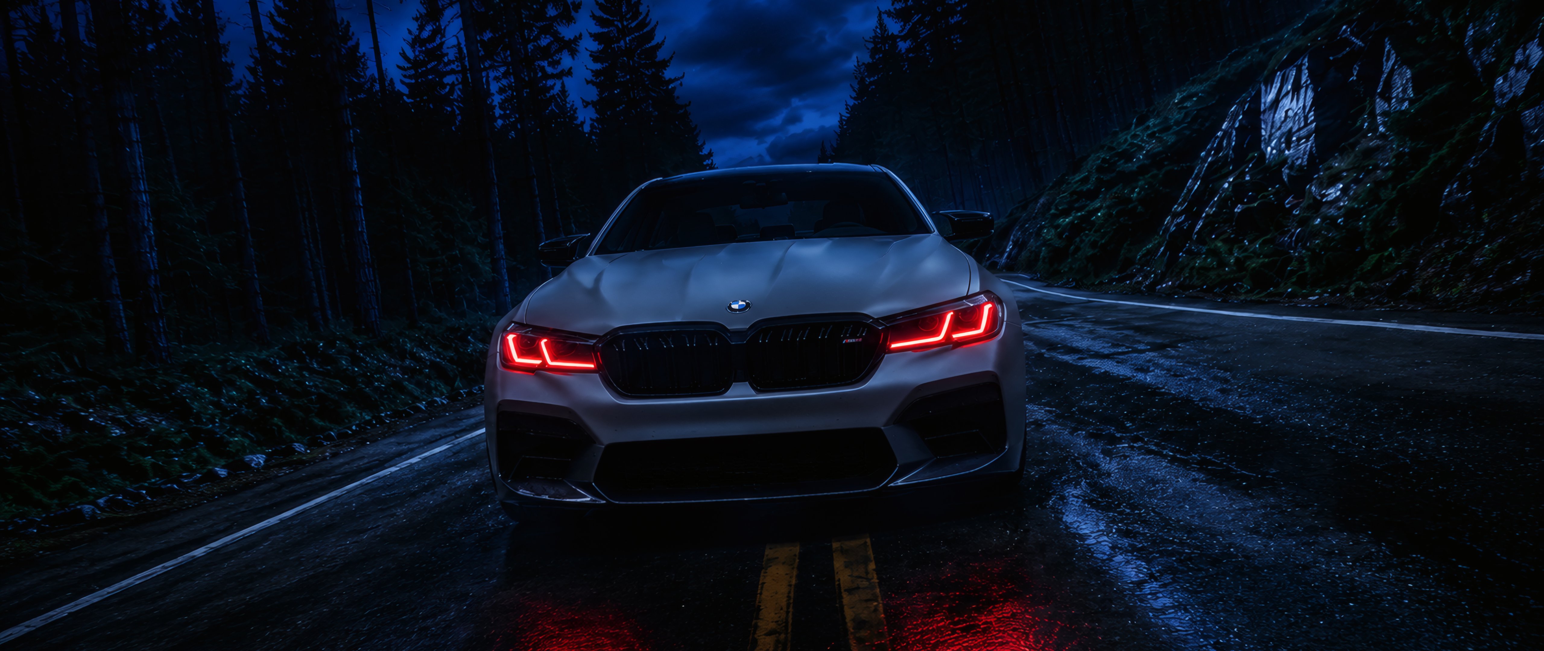 BMW M5 F90 with red LED headlights - 5K2K UltraWide 21:9 wallpapers in 5120x2160 resolution
