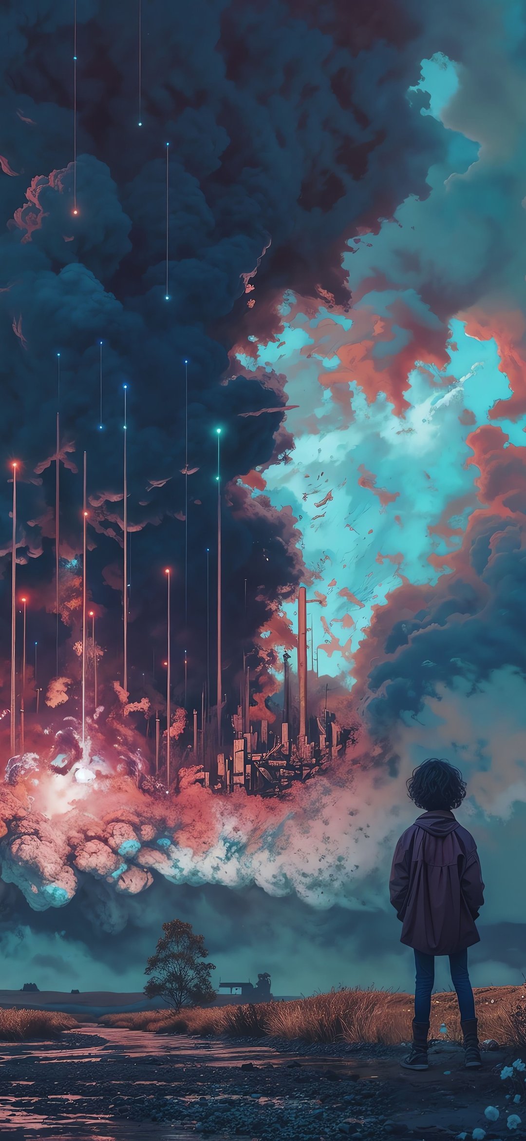 Boy Beneath a Stormy Sky - Wallpapers for iPhone 12 mini/13 mini, Samsung Galaxy S24/S24 FE/S25/S25 FE/S26/A55/A56/A35/A26/A16/M15, Xiaomi, Sony Xperia in 1080x2340 resolution
