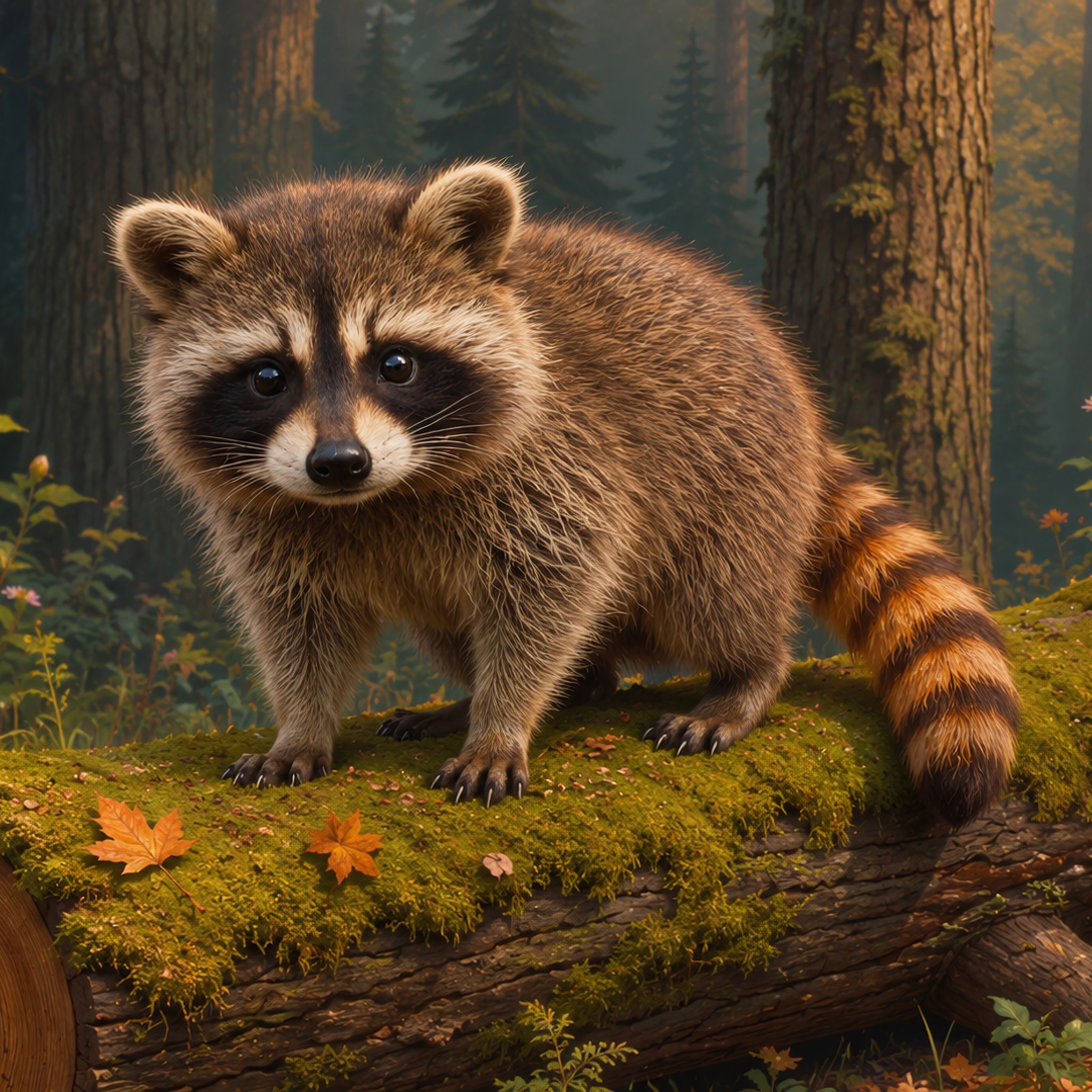 Cute raccoon on a log in the forest - Wallpapers for iPad Retina in 2048x2048 resolution