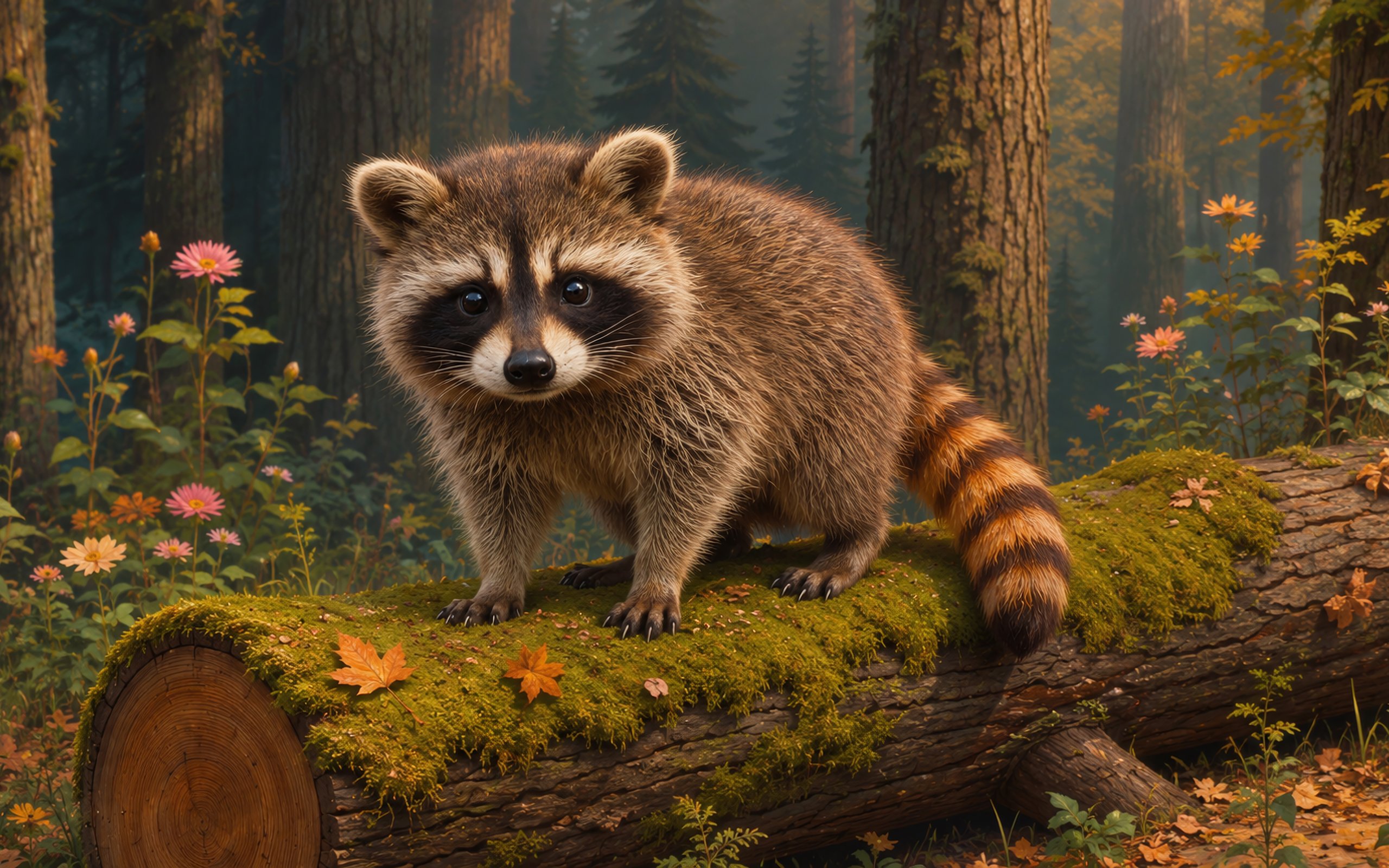 Cute raccoon on a log in the forest - WQXGA and for Apple MacBook Air 13 wallpapers in 2560x1600 resolution