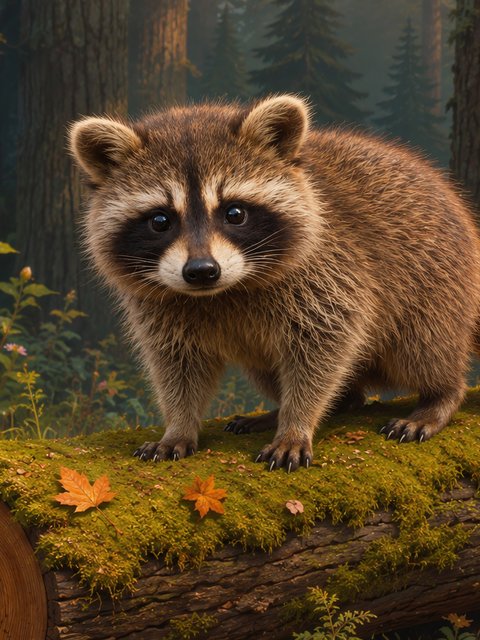 Cute raccoon on a log in the forest - Wallpapers for HTC/BlackBerry in 480x640 resolution