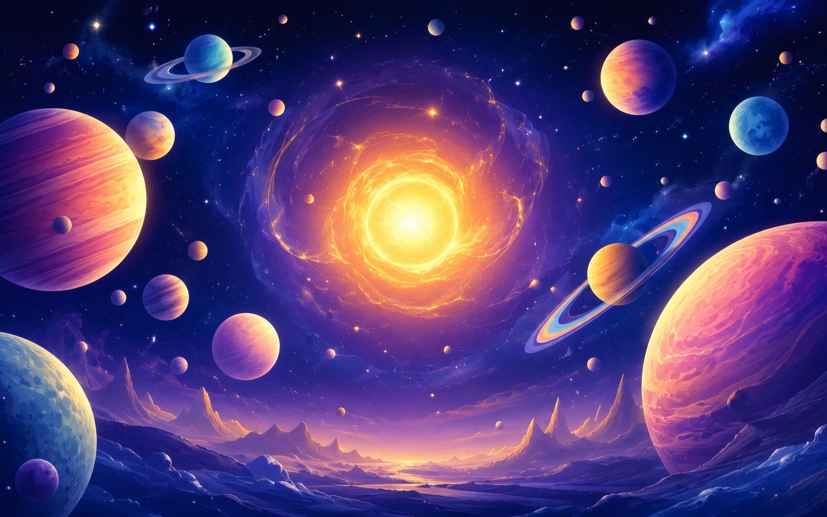 Sun with planets over an extraterrestrial valley - WSXGA+ wallpapers in 1680x1050 resolution
