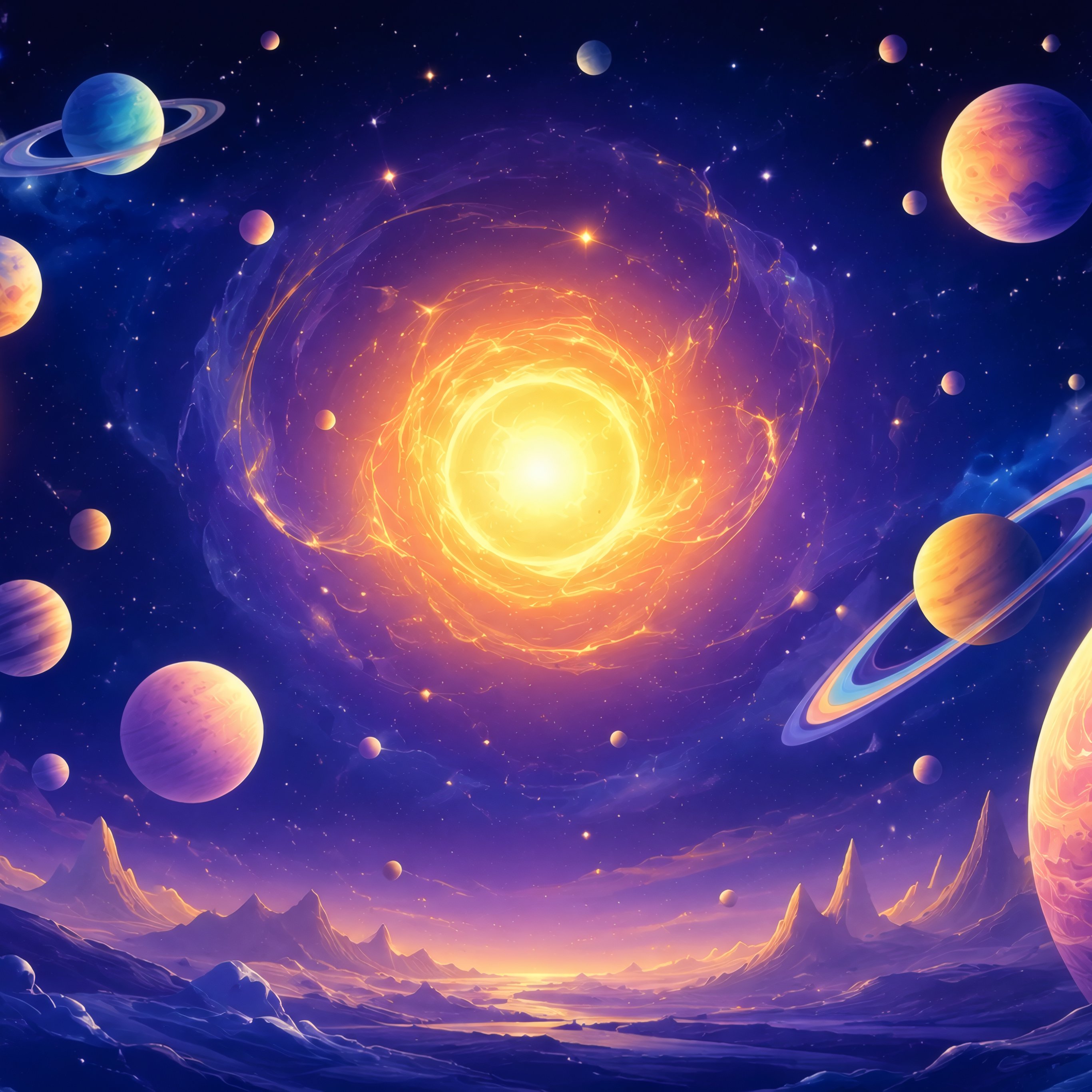 Sun with planets over an extraterrestrial valley - Wallpapers for iPad Pro 12.9″ in 2732x2732 resolution