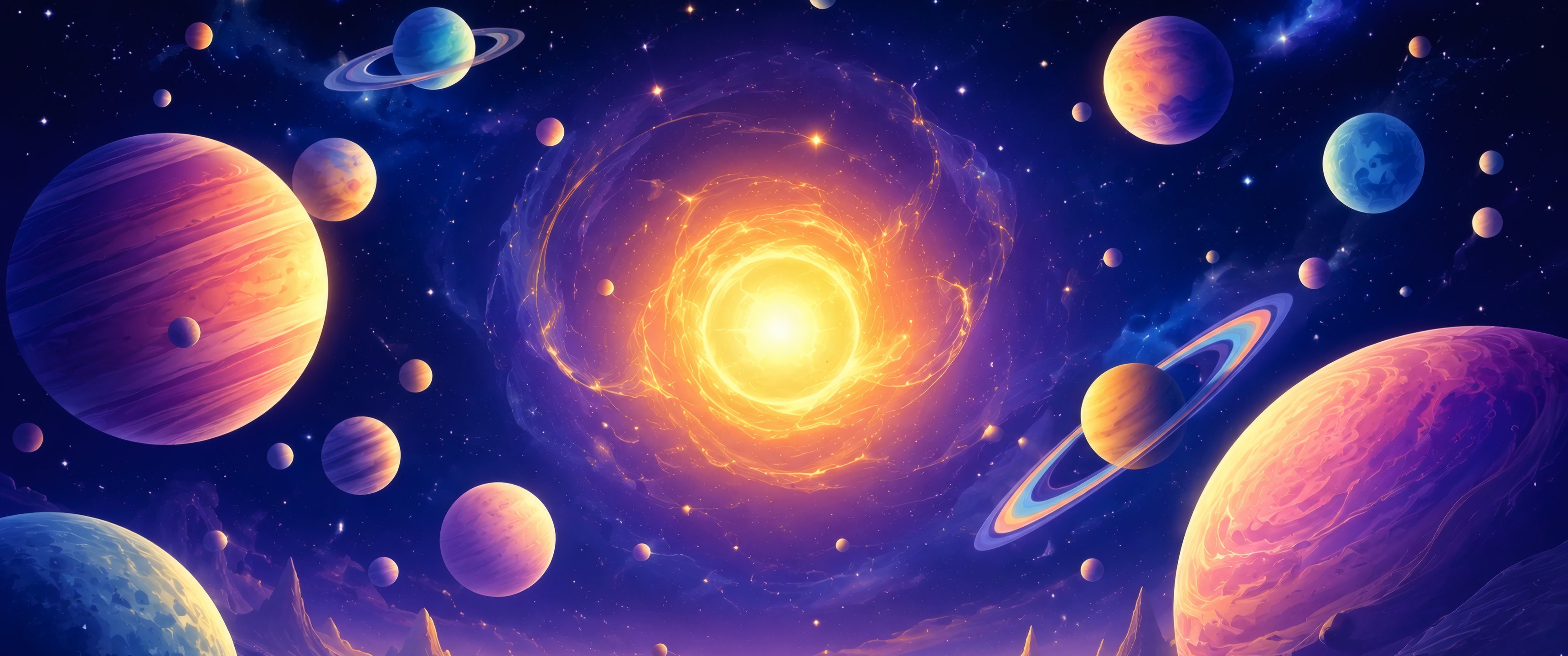 Sun with planets over an extraterrestrial valley - UltraWide 21:9 wallpapers in 3440x1440 resolution