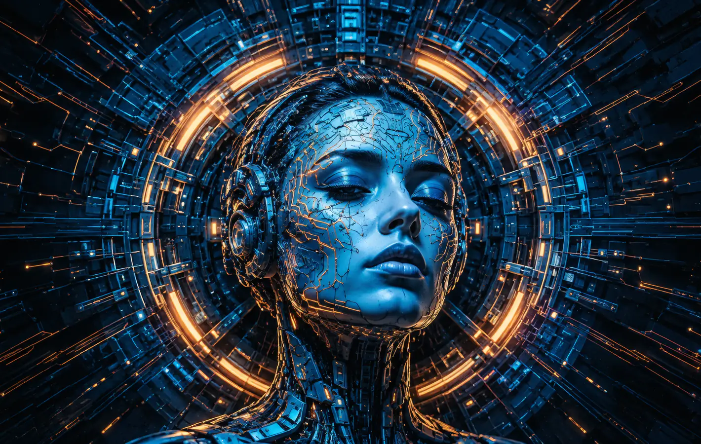 Cyborg Woman at the Portal — desktop and phone wallpaper, free download