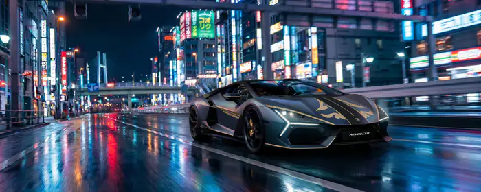 UltraWide 32:9 обои (3840x1080): Lamborghini Revuelto, ливрея, Япония, Токио