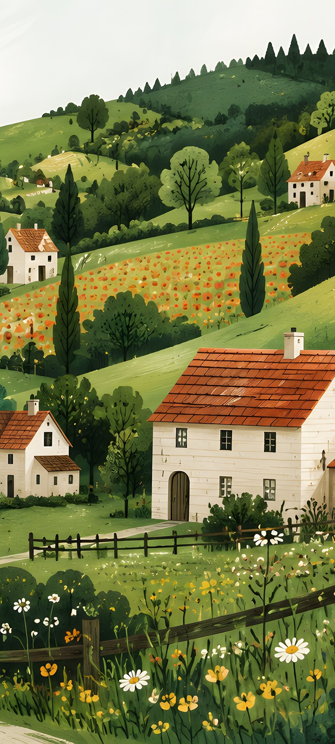 Village Landscape with Rolling Hills - Wallpapers for Samsung Galaxy M55, POCO M4/X4/X5, Xiaomi Redmi 12/13/Note 13/Note 14/Note 14S in 1080x2400 resolution