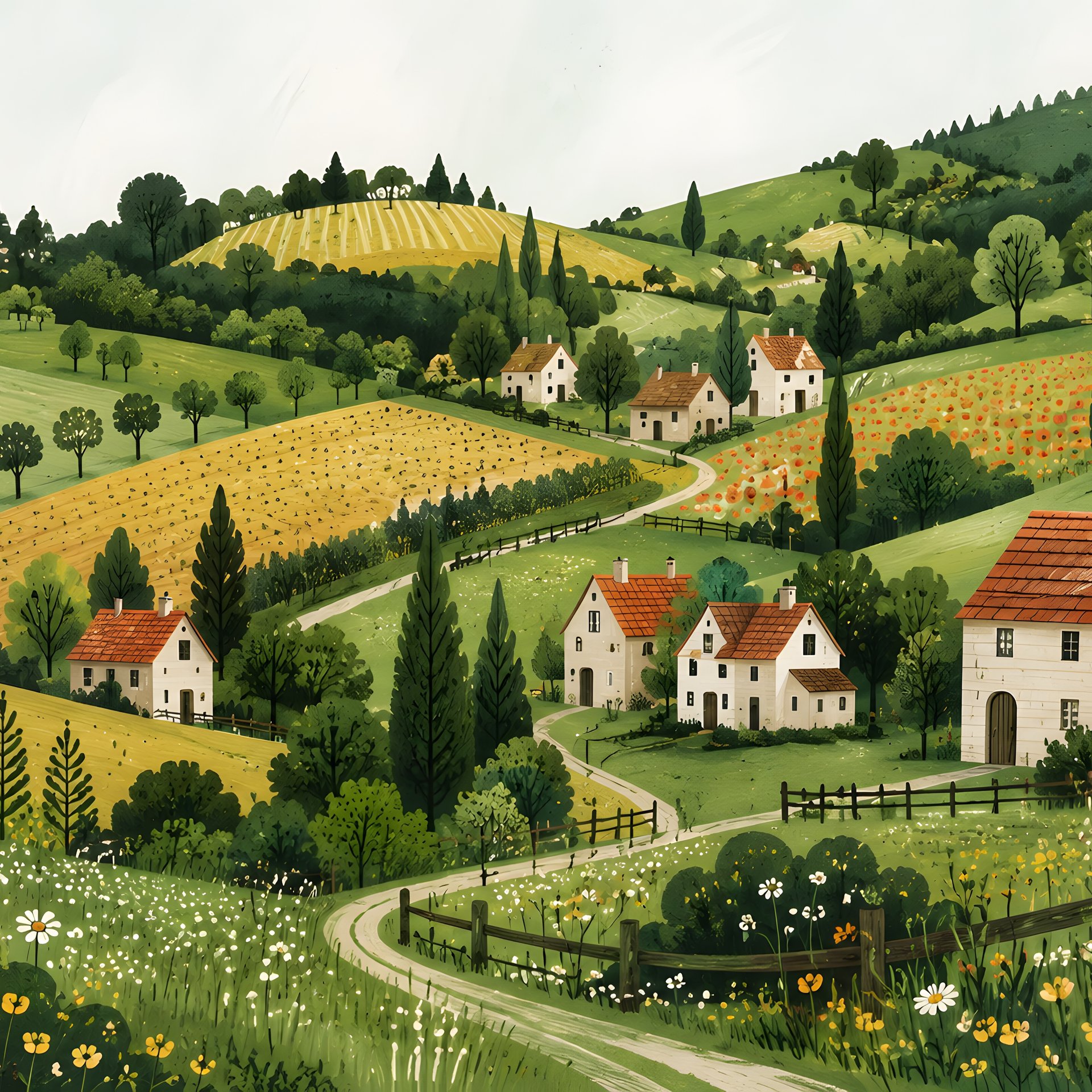 Village Landscape with Rolling Hills - Wallpapers for Samsung Galaxy Tab in 1920x1920 resolution