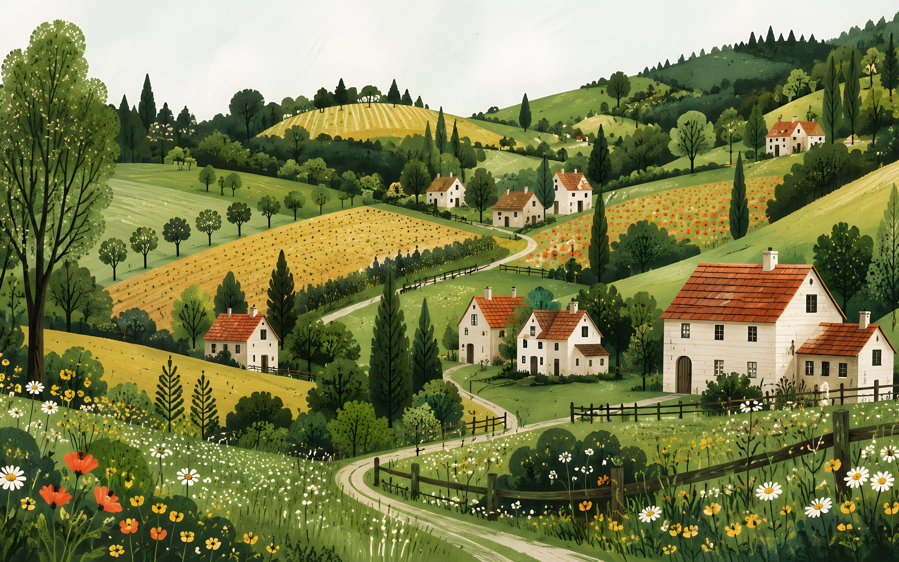 Village Landscape with Rolling Hills - Wallpapers for Apple MacBook 15″ in 2880x1800 resolution