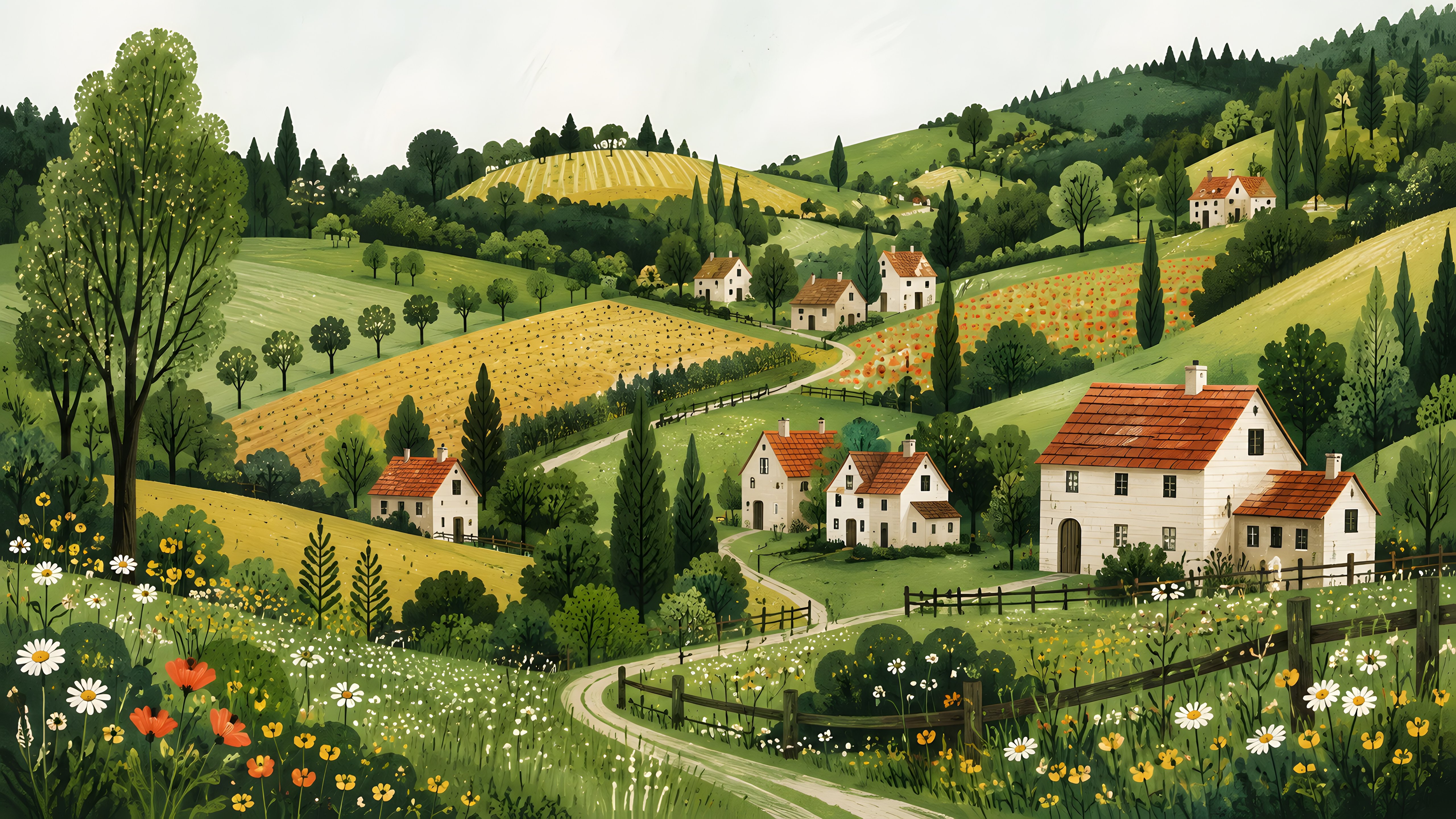 Village Landscape with Rolling Hills - 5K wallpapers in 5120x2880 resolution