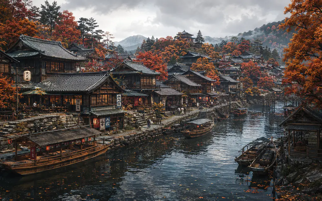 Autumn Village Along a Japanese River — desktop and phone wallpaper, free download