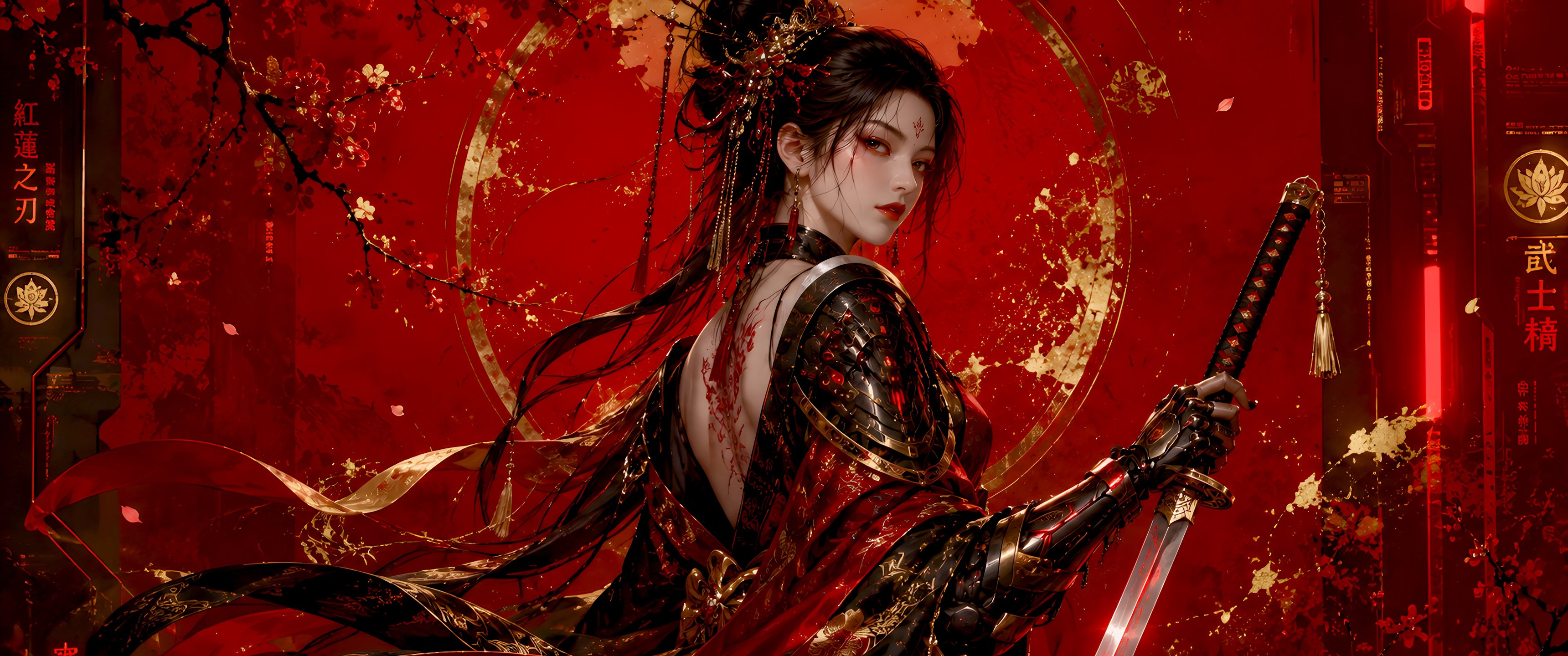 Fantasy Samurai Woman with Katana - UltraWide 21:9 wallpapers in 3440x1440 resolution