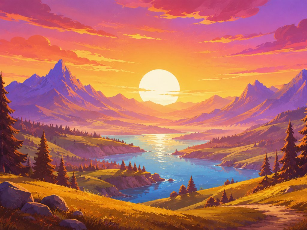 Mountain valley with a river in a bright sunset - XVGA wallpapers in 1024x768 resolution