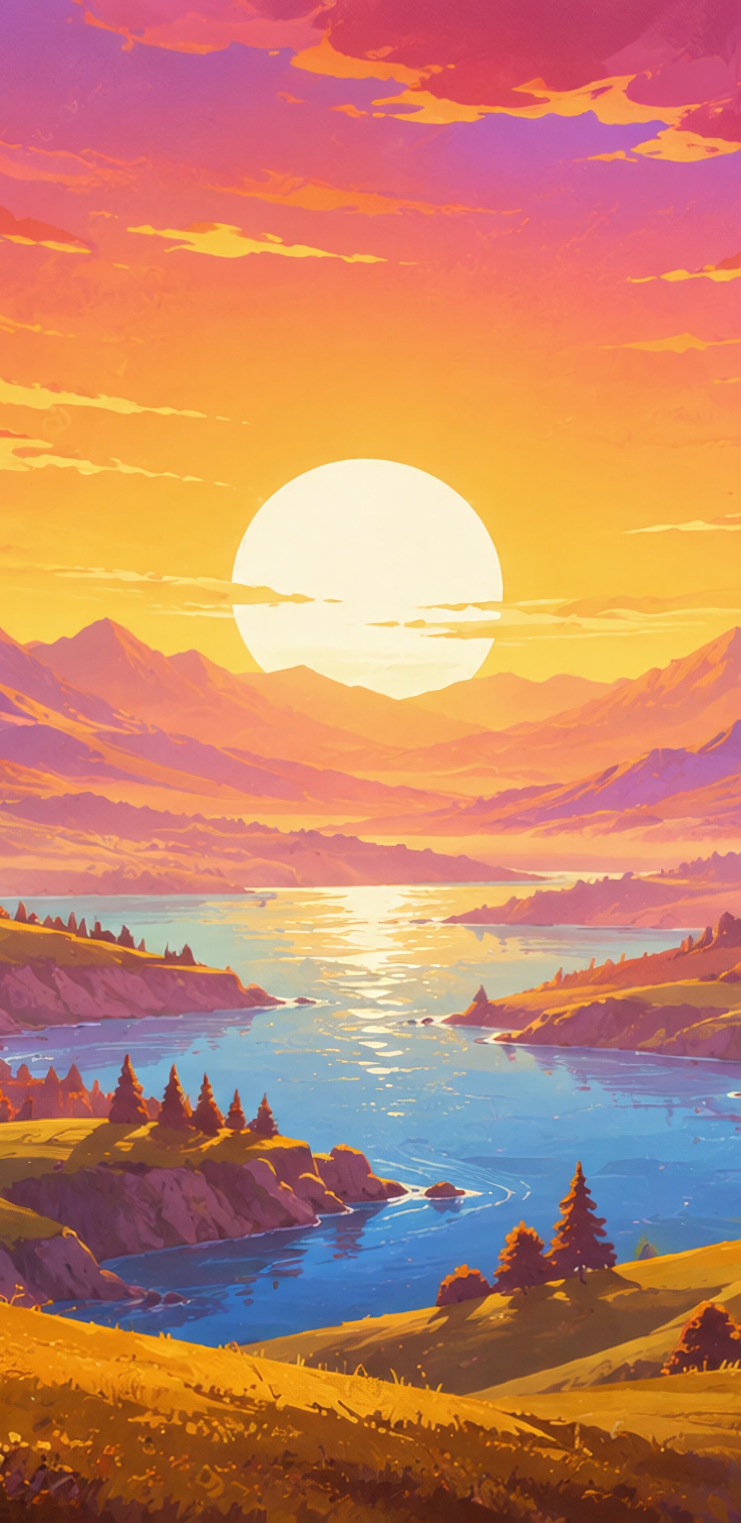 Mountain valley with a river in a bright sunset - Wallpapers for Samsung Galaxy S8/S8+/Note 8/S9/S9+/Note 9 in 1440x2960 resolution