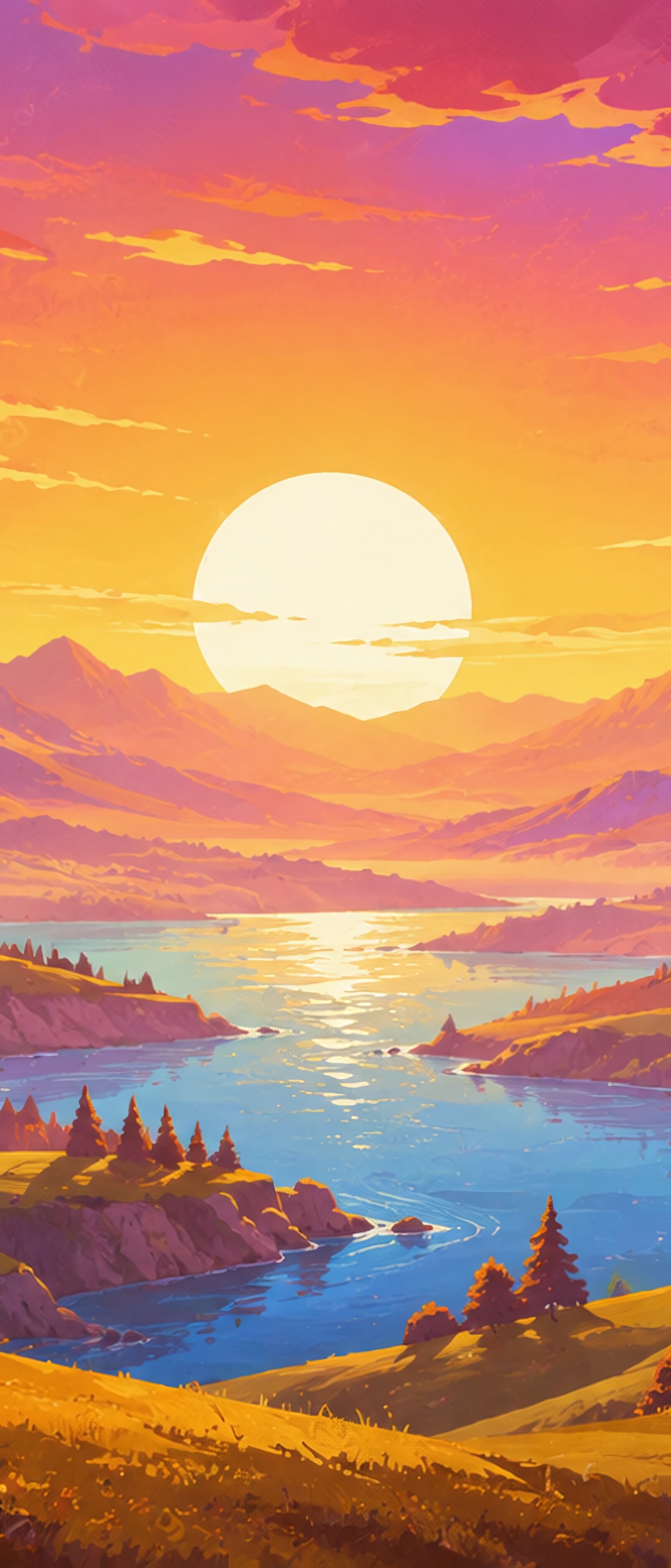 Mountain valley with a river in a bright sunset - Wallpapers for Sony Xperia 1/Xperia 1 III/Xperia PRO-I in 1644x3840 resolution