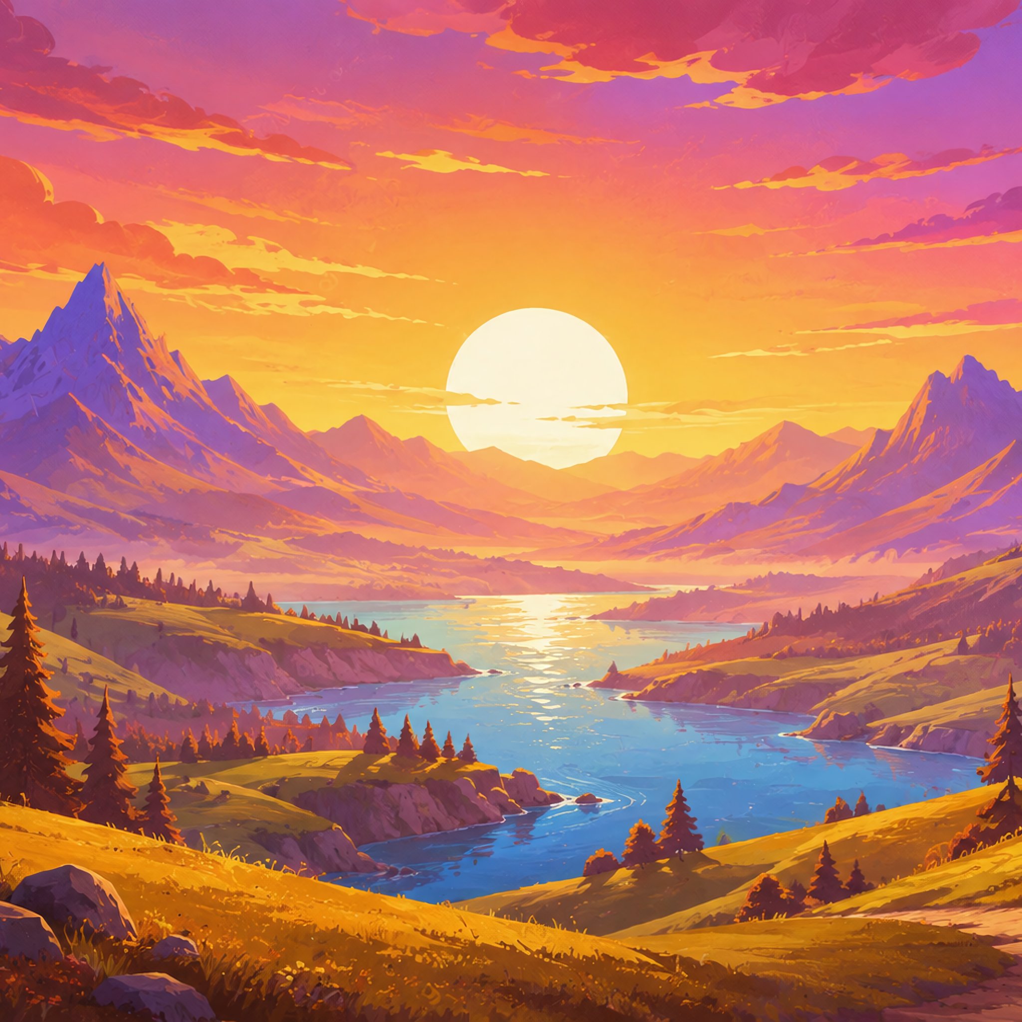 Mountain valley with a river in a bright sunset - Wallpapers for iPad Retina in 2048x2048 resolution