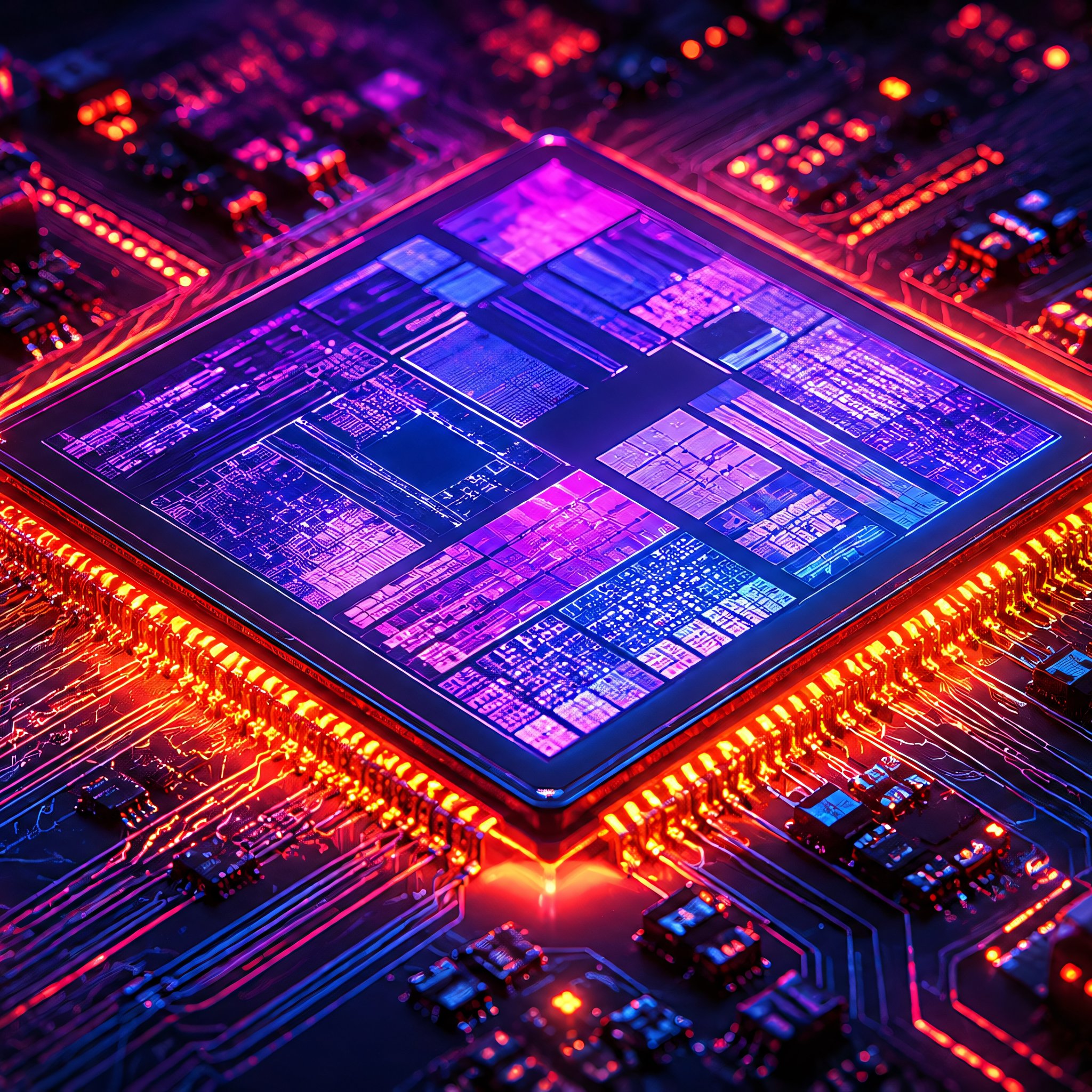 Glowing AI Processor on Motherboard - Wallpapers for iPad Retina in 2048x2048 resolution