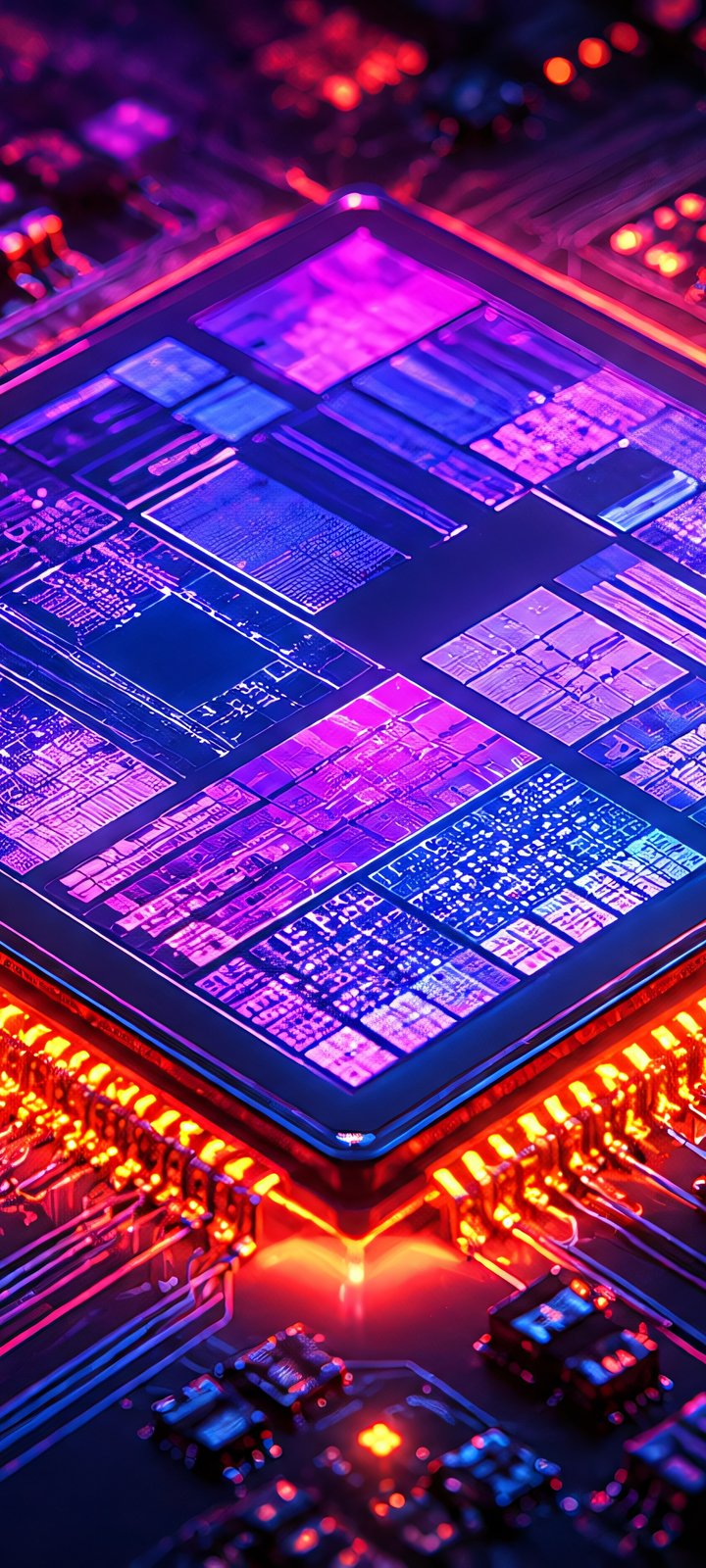 Glowing AI Processor on Motherboard - Wallpapers for Xiaomi Redmi 10C/C40/C51, Samsung Galaxy A12/A02s/A03/M12 in 720x1600 resolution