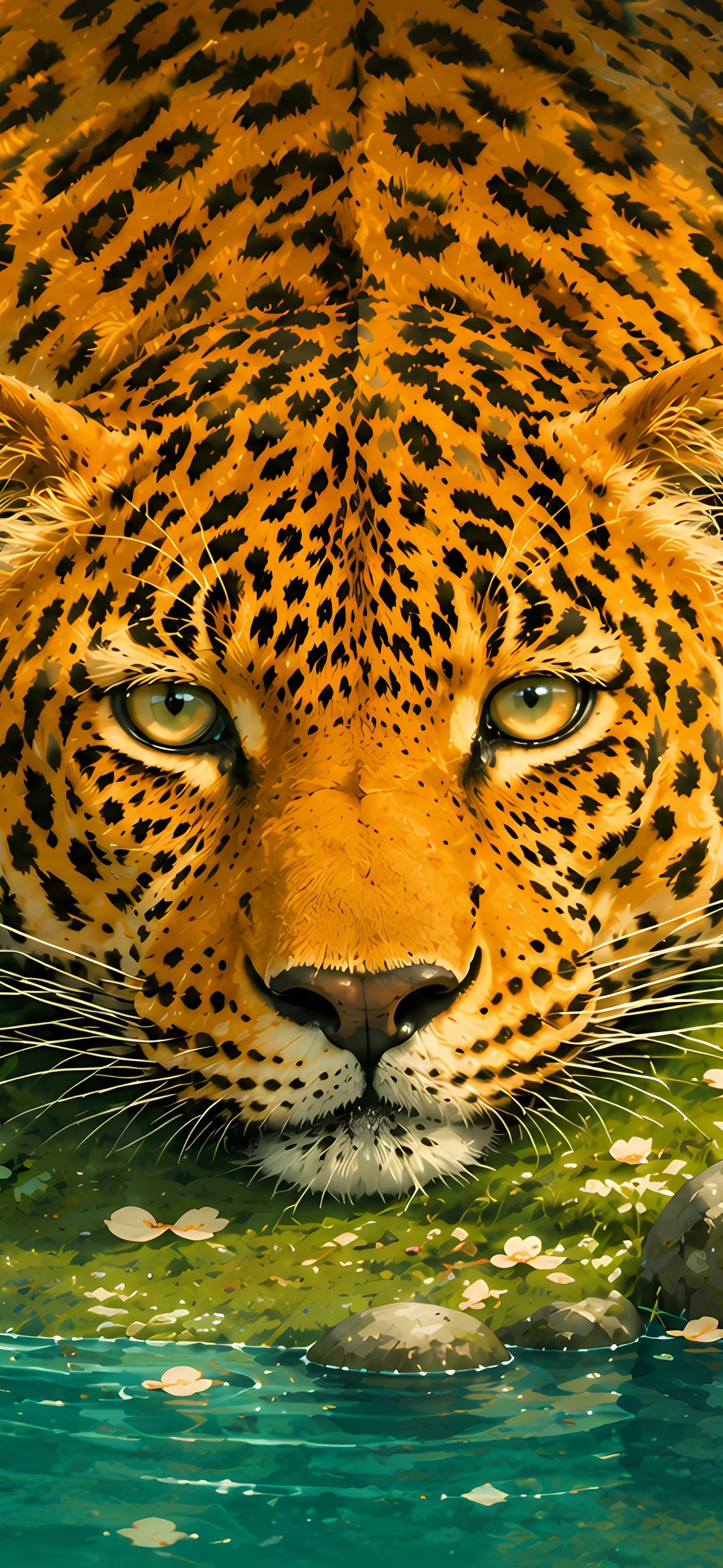Leopard is relaxing by a fish pond - Wallpapers for iPhone 12 mini/13 mini, Samsung Galaxy S24/S24 FE/S25/S25 FE/S26/A55/A56/A35/A26/A16/M15, Xiaomi, Sony Xperia in 1080x2340 resolution