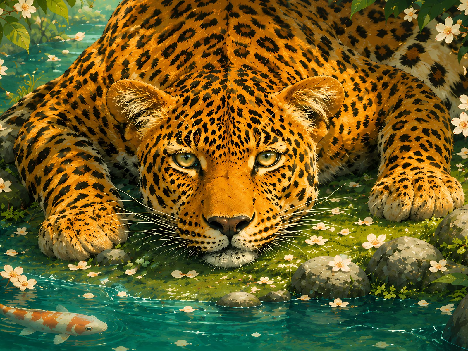 Leopard is relaxing by a fish pond - UXGA wallpapers in 1600x1200 resolution