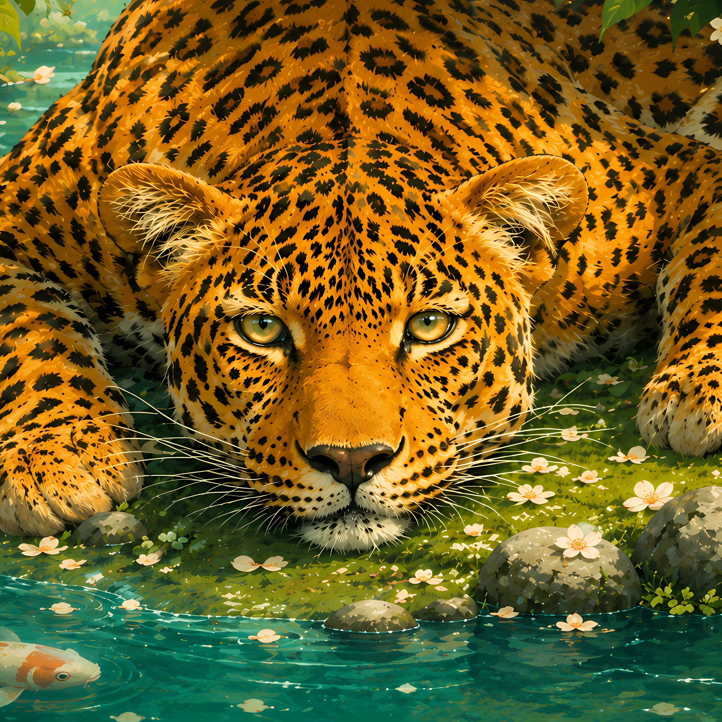 Leopard is relaxing by a fish pond - Wallpapers for iPad Air 10.9″ in 2360x2360 resolution