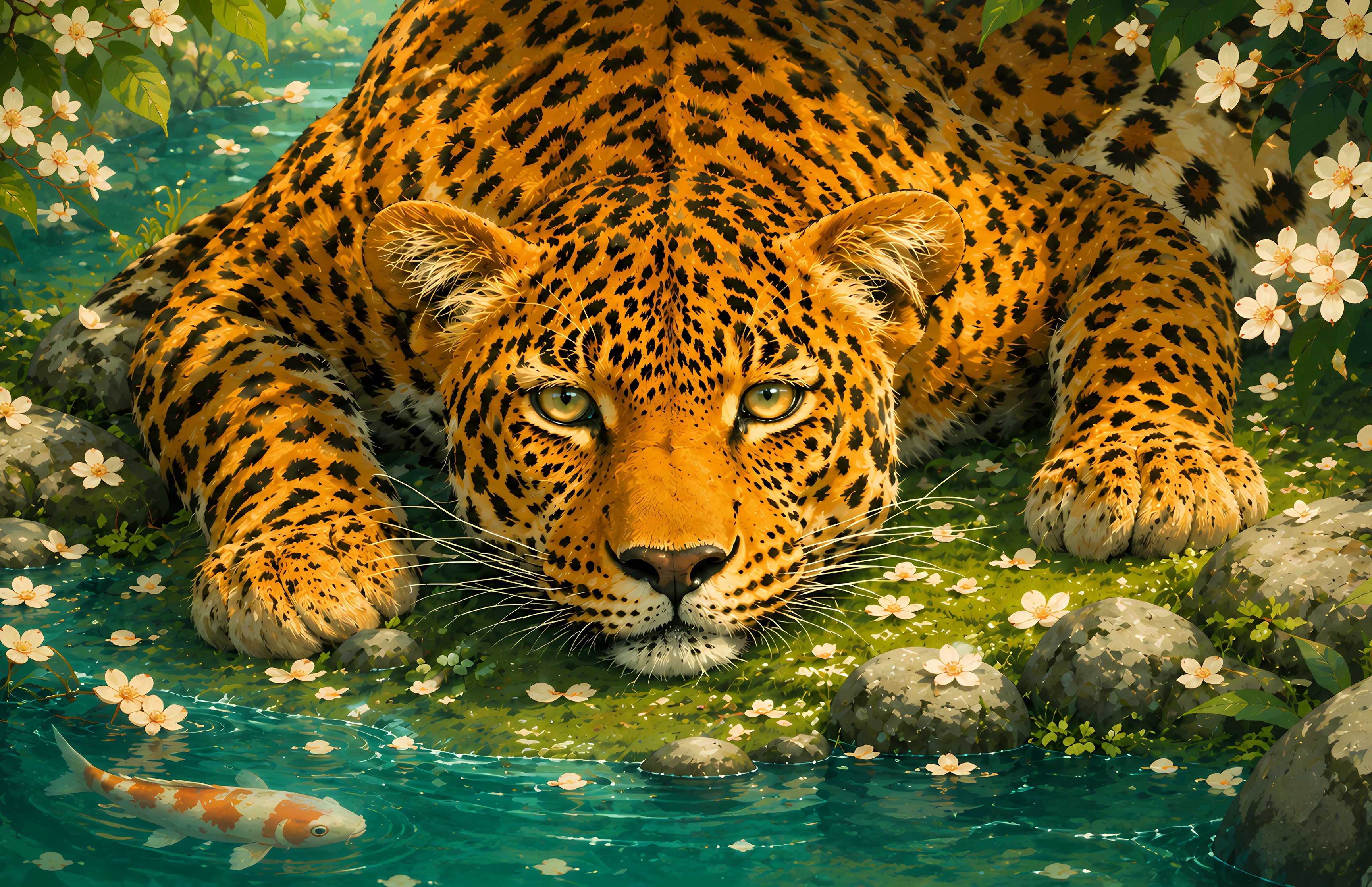 Leopard is relaxing by a fish pond - Wallpapers for Apple MacBook 16.2″ in 3456x2234 resolution