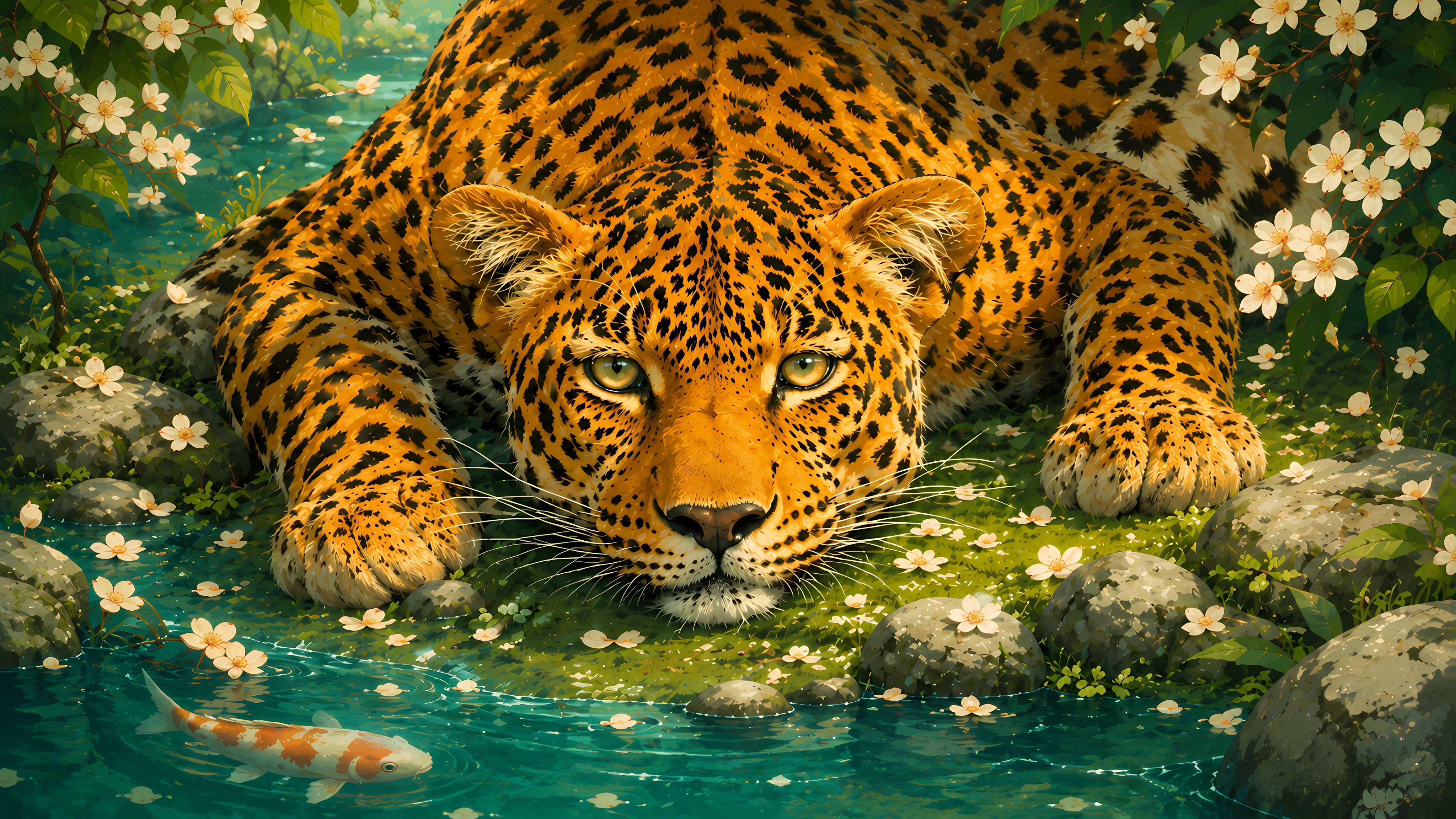 Leopard is relaxing by a fish pond - Wallpapers for Apple iMac 21.5″ in 4096x2304 resolution