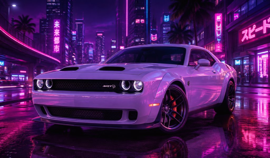 Dodge Challenger SRT на ночной улице - WSVGA обои в разрешении 1024x600