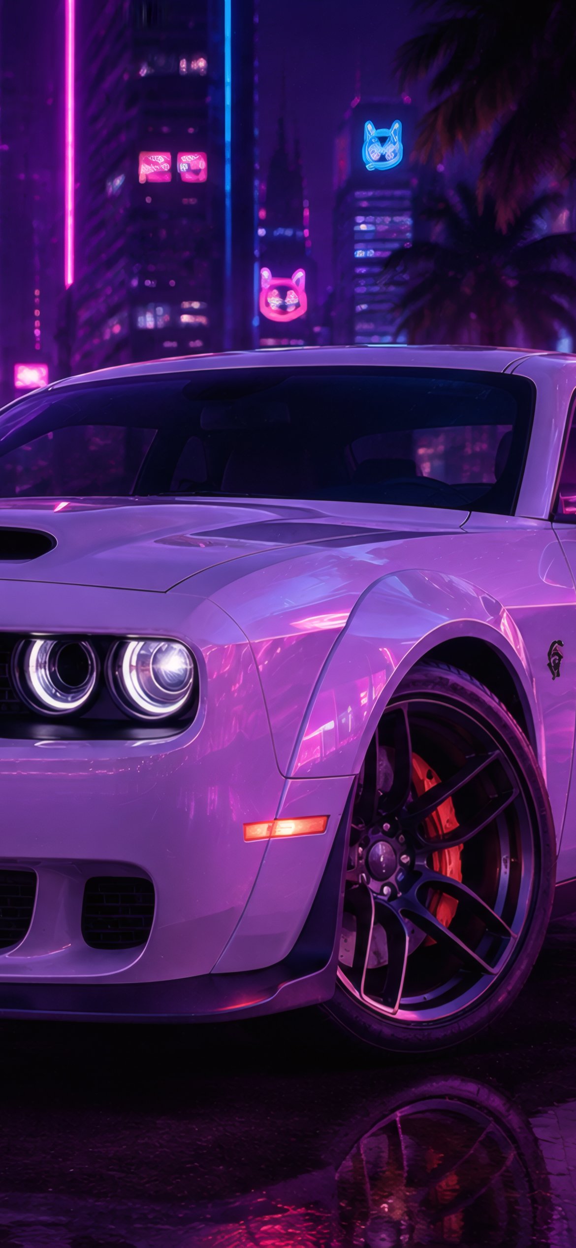 Dodge Challenger SRT на ночной улице - Обои для iPhone 12 Pro/13 Pro/14 в разрешении 1170x2532