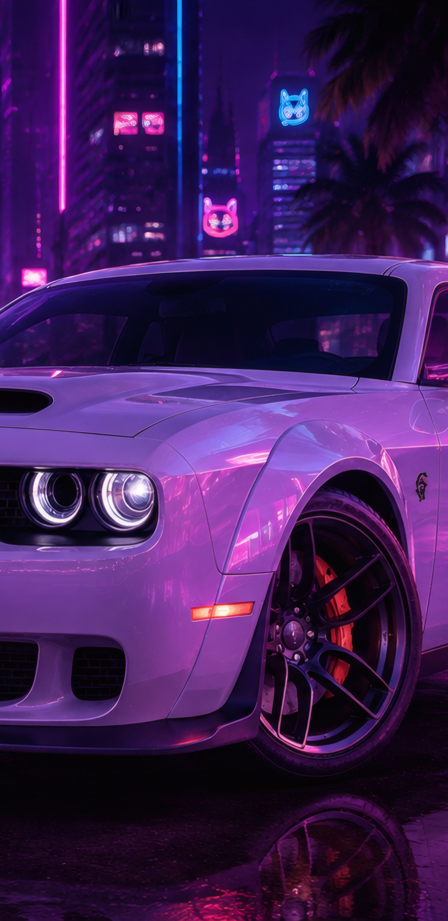 Dodge Challenger SRT at Neon Night - Wallpapers for Samsung Galaxy S8/S8+/Note 8/S9/S9+/Note 9 in 1440x2960 resolution