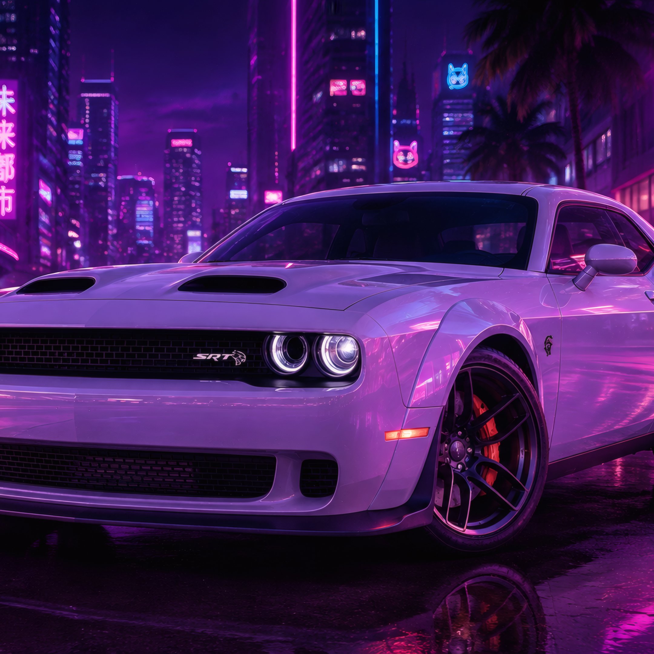 Dodge Challenger SRT at Neon Night - Wallpapers for iPad 10.2″ in 2160x2160 resolution