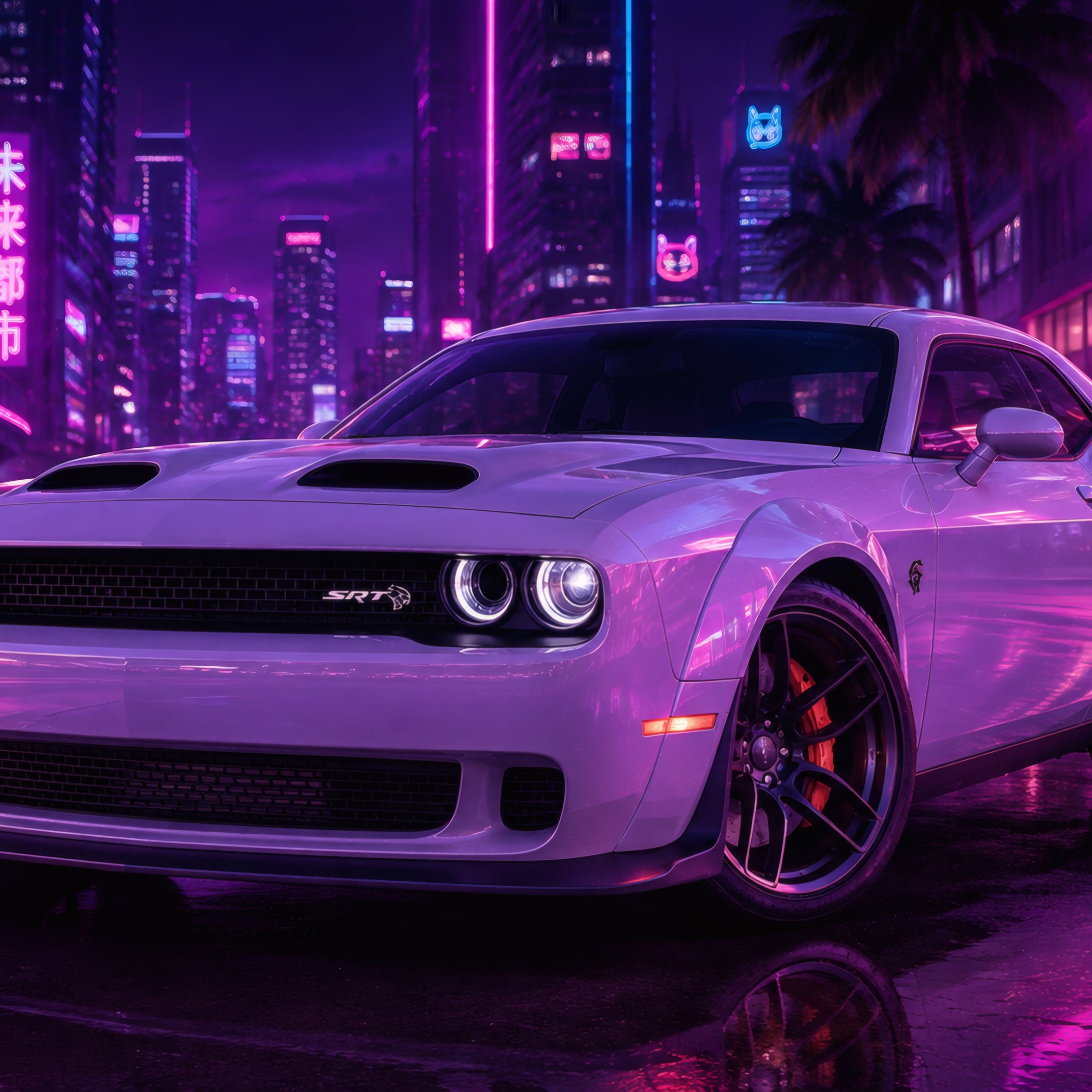 Dodge Challenger SRT на ночной улице - Обои для iPad Pro 10.5″ в разрешении 2224x2224