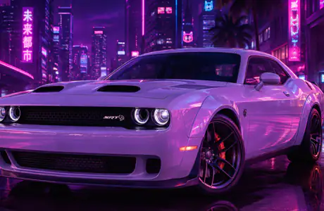 Обои для MacBook Neo (2408x1506): Dodge Challenger SRT, небоскрёбы, улица, пальмы