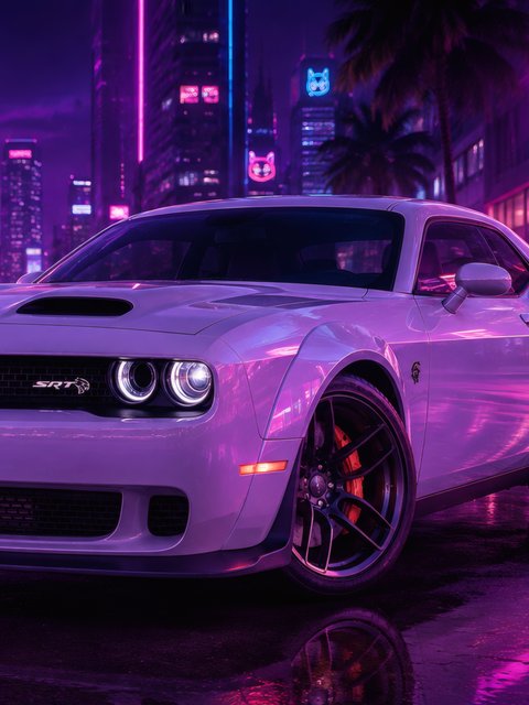 Dodge Challenger SRT at Neon Night - Wallpapers for HTC/BlackBerry in 480x640 resolution