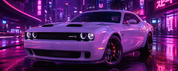 UltraWide 32:9 обои (3840x1080): Dodge Challenger SRT, небоскрёбы, улица, пальмы