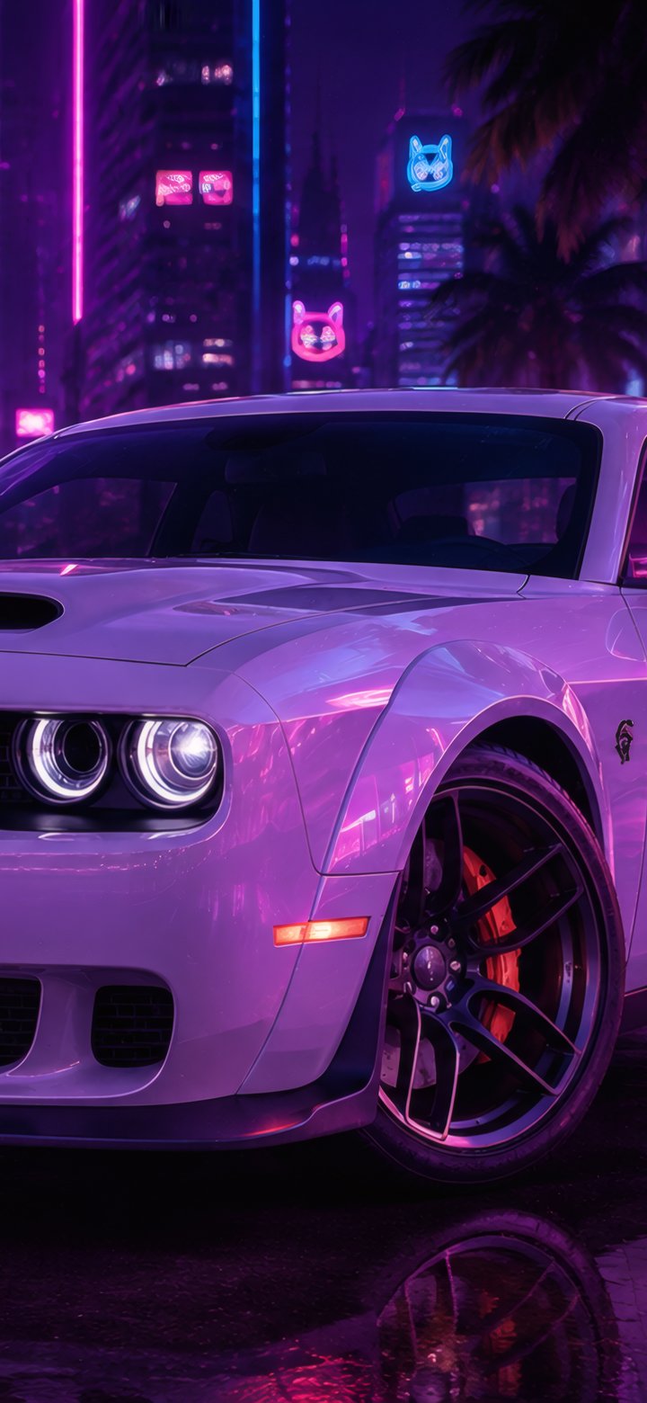 Dodge Challenger SRT at Neon Night - Wallpapers for Samsung Galaxy A11/A20e/A20/M11, Xiaomi Redmi 9A/9C, POCO C40 in 720x1560 resolution