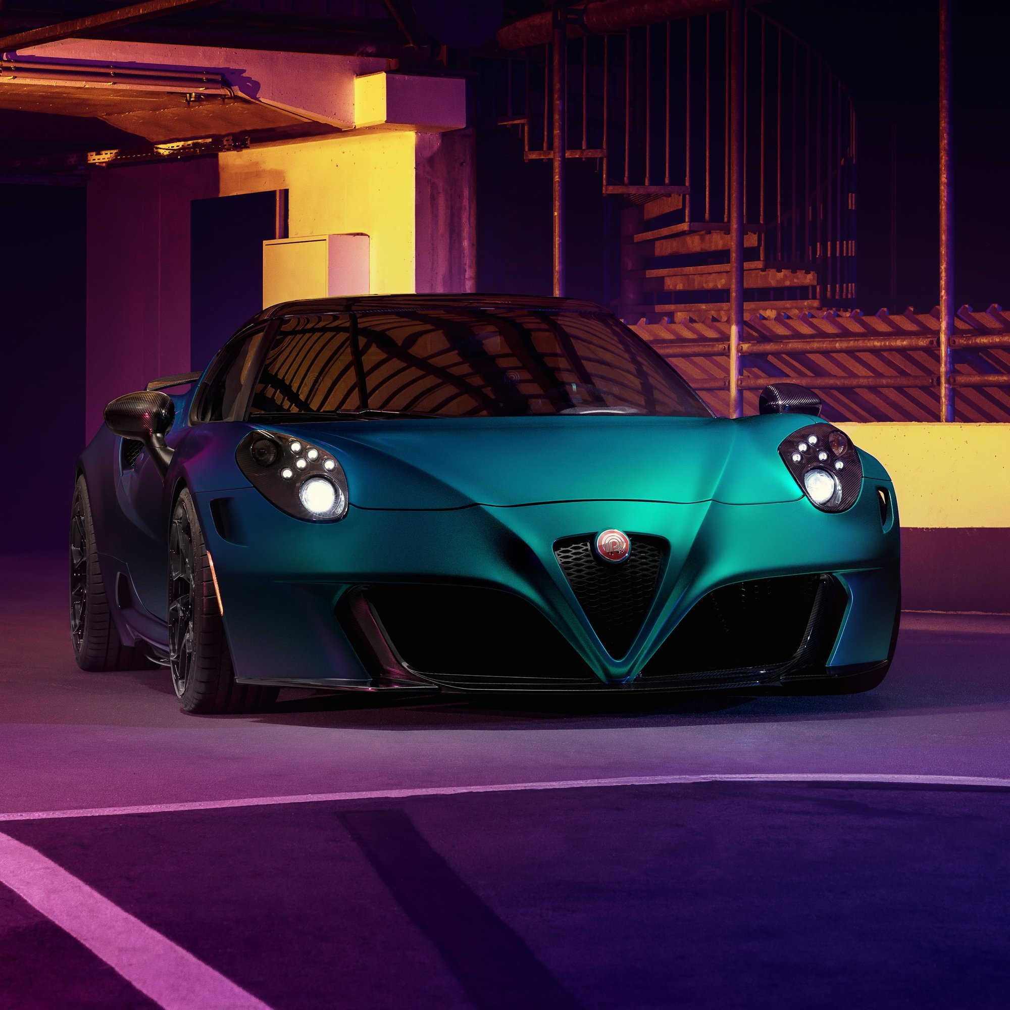 Alfa Romeo 4C on a Lit Night Road - Wallpapers for Samsung/Xiaomi in 2000x2000 resolution