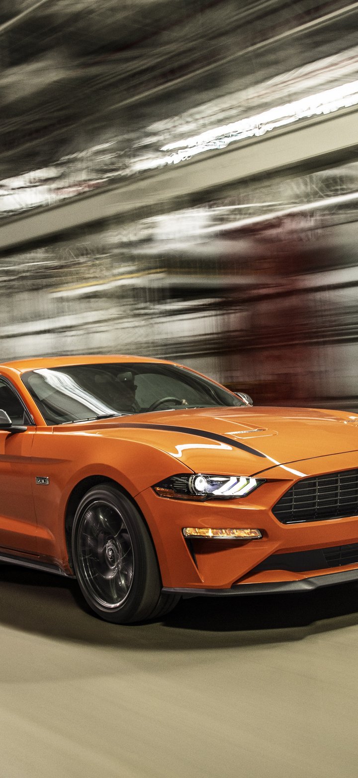 Orange Ford Mustang in Road Tunnel - Wallpapers for Samsung Galaxy A11/A20e/A20/M11, Xiaomi Redmi 9A/9C, POCO C40 in 720x1560 resolution
