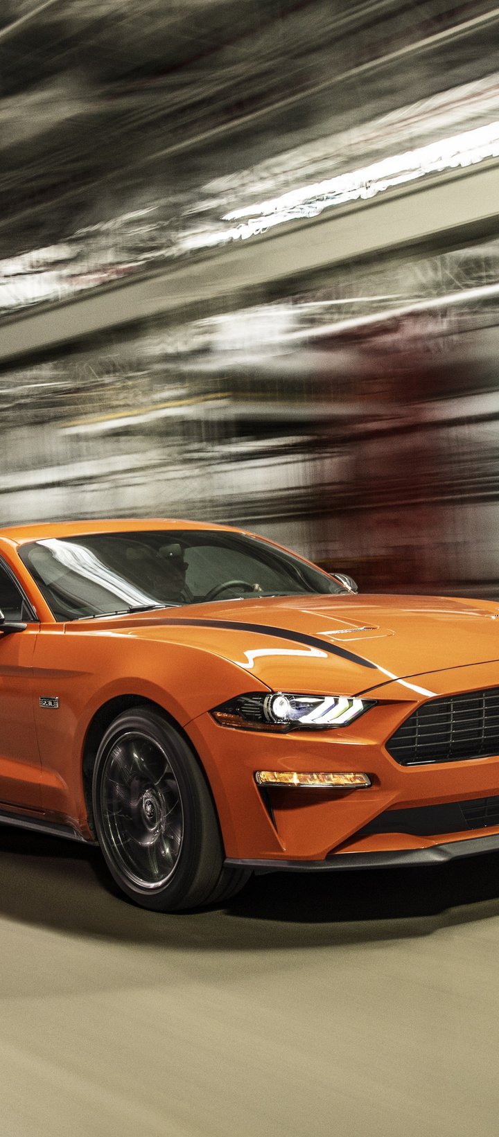 Orange Ford Mustang in Road Tunnel - Wallpapers for Xiaomi Redmi 14C, POCO C71/C75/M7, Infinix Note 8 in 720x1640 resolution