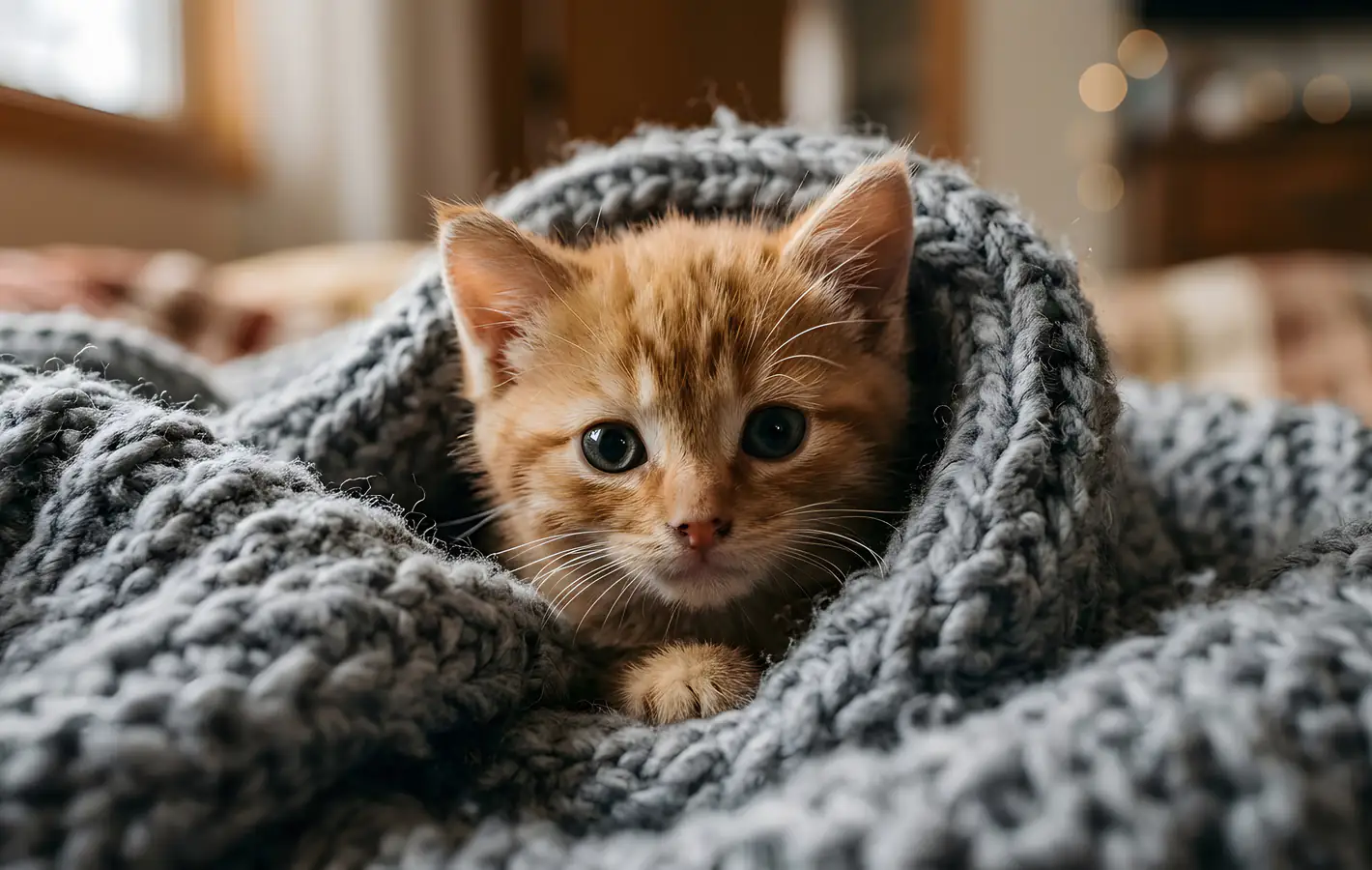 Red-haired kitten is wrapped in a blanket — desktop and phone wallpaper, free download