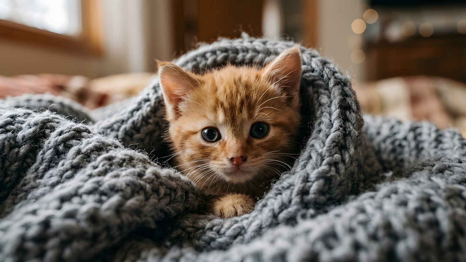 Red-haired kitten is wrapped in a blanket - wXGA++ wallpapers in 1600x900 resolution