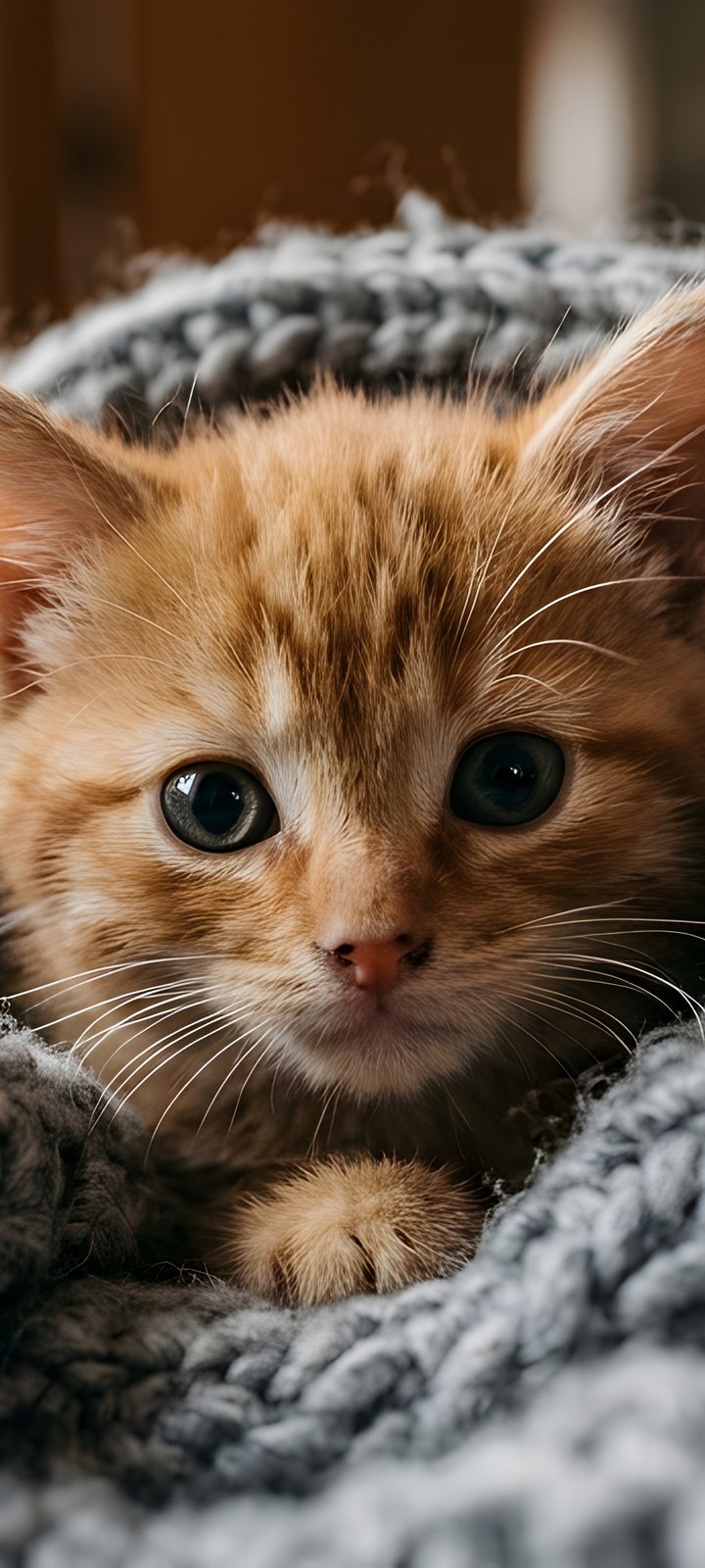 Red-haired kitten is wrapped in a blanket - Wallpapers for Xiaomi Redmi 10C/C40/C51, Samsung Galaxy A12/A02s/A03/M12 in 720x1600 resolution