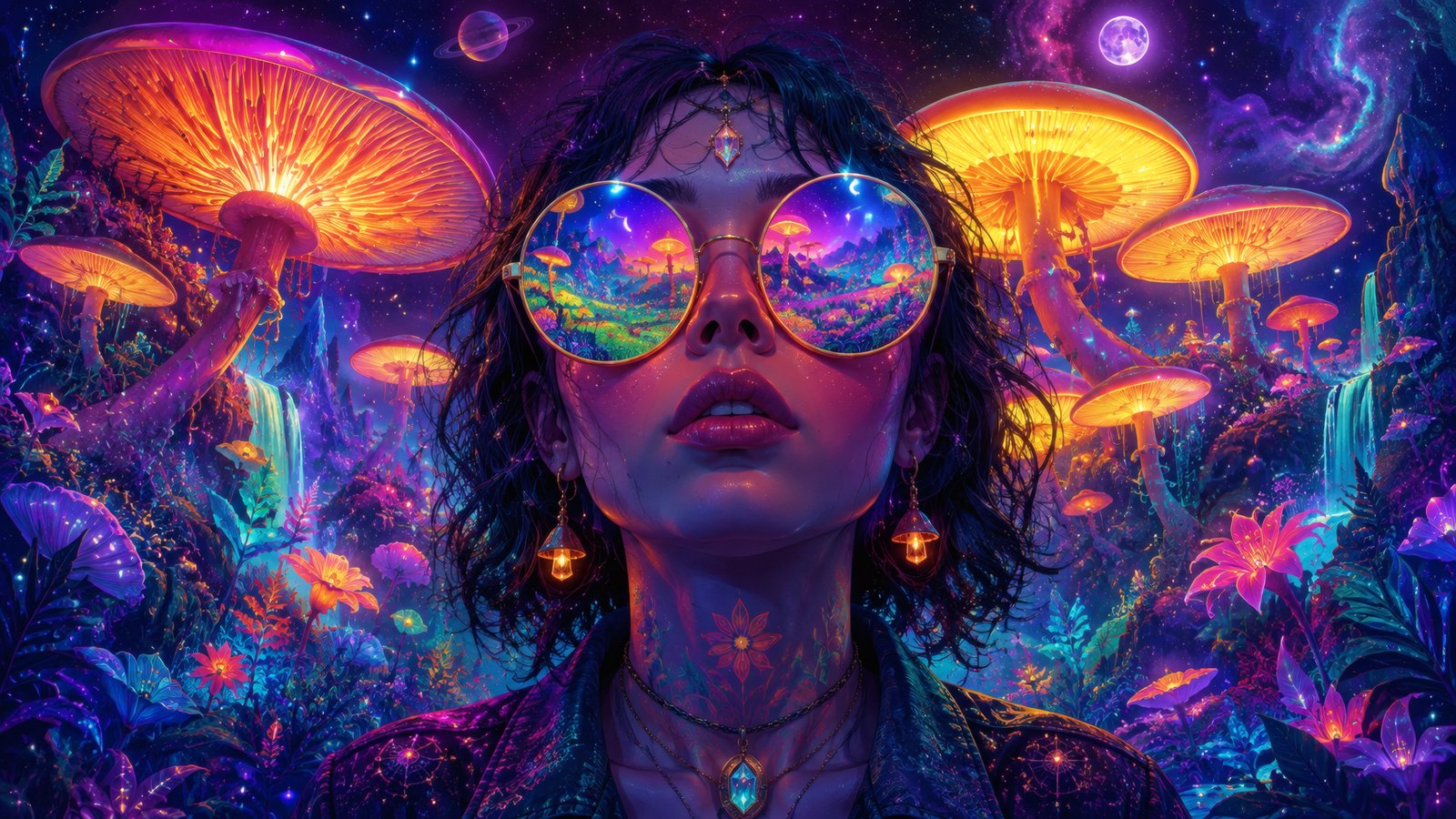 Psychedelic world with glowing mushrooms - wXGA++ wallpapers in 1600x900 resolution