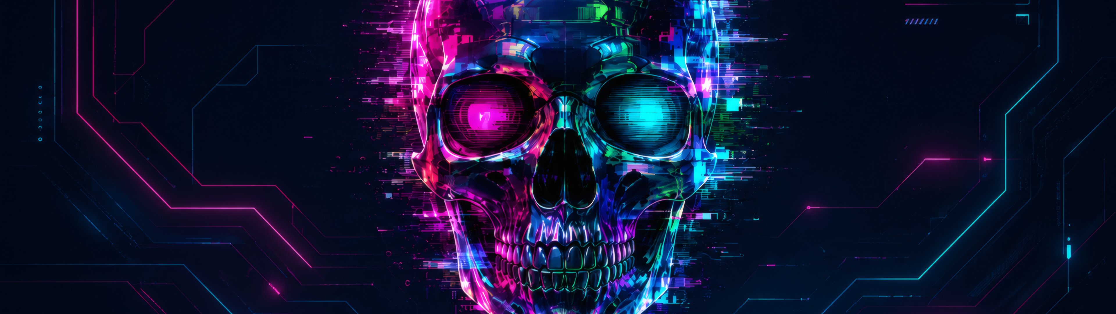 Neon Cyberpunk Skull with Glitch - UltraWide 32:9 wallpapers in 3840x1080 resolution