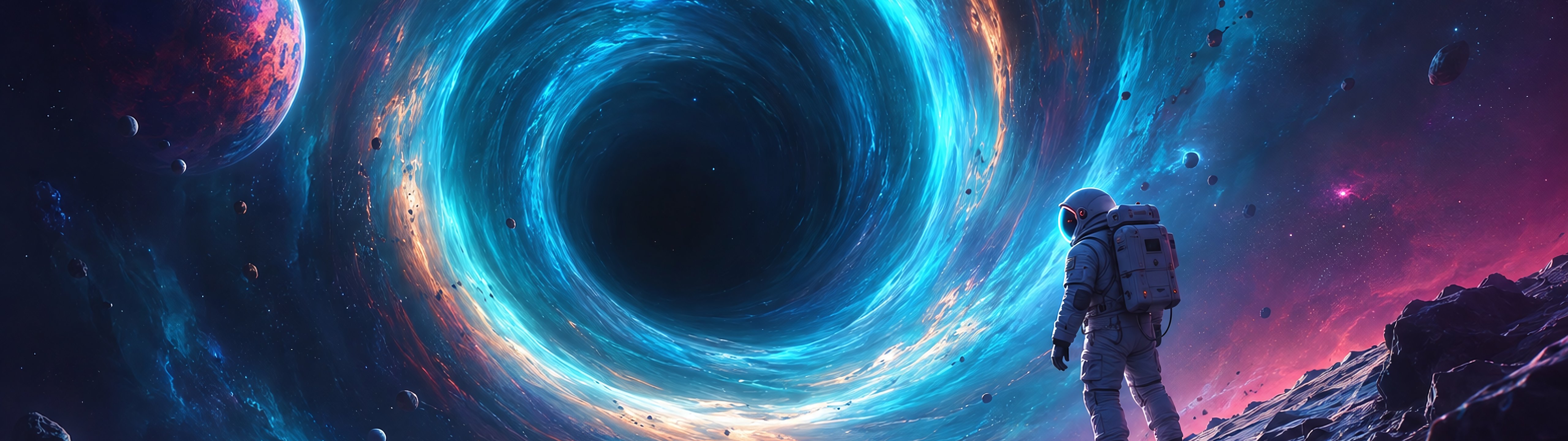 Космонавт у черной космической дыры - UltraWide 32:9 обои в разрешении 5120x1440