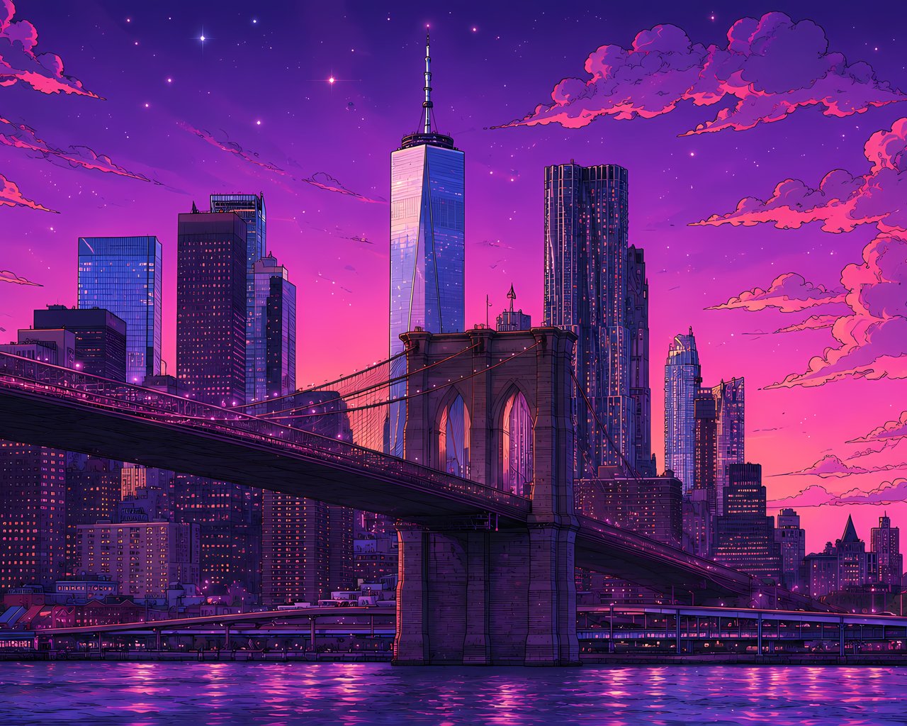 Brooklyn Bridge in the purple sunset of New York - SXGA wallpapers in 1280x1024 resolution