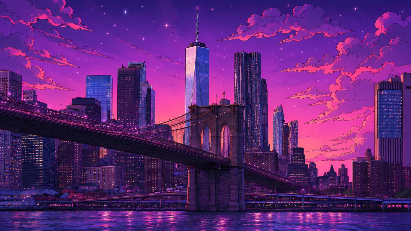 Brooklyn Bridge in the purple sunset of New York - Laptop Wallpapers in 1366x768 resolution