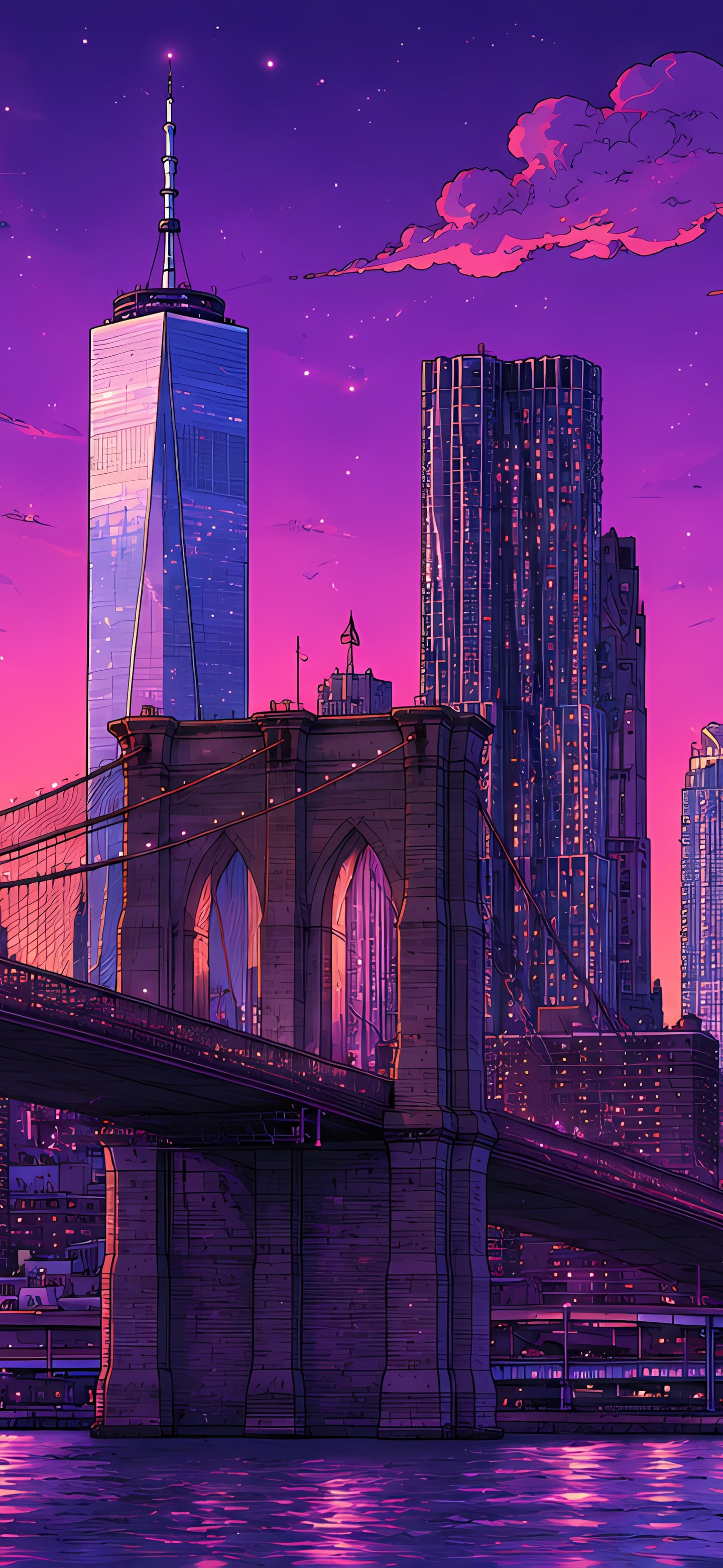 Brooklyn Bridge in the purple sunset of New York - Wallpapers for Samsung Galaxy S24/S24 Ultra/S25 Ultra/S25+/S26 Ultra in 1440x3120 resolution
