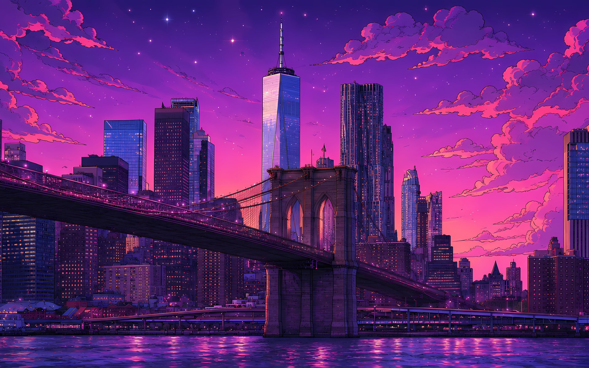 Brooklyn Bridge in the purple sunset of New York - WUXGA wallpapers in 1920x1200 resolution