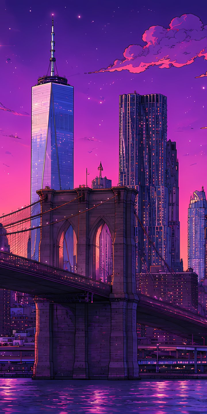 Brooklyn Bridge in the purple sunset of New York - Wallpapers for Samsung Galaxy A03s, Xiaomi Redmi 7A, POCO C3 in 720x1440 resolution
